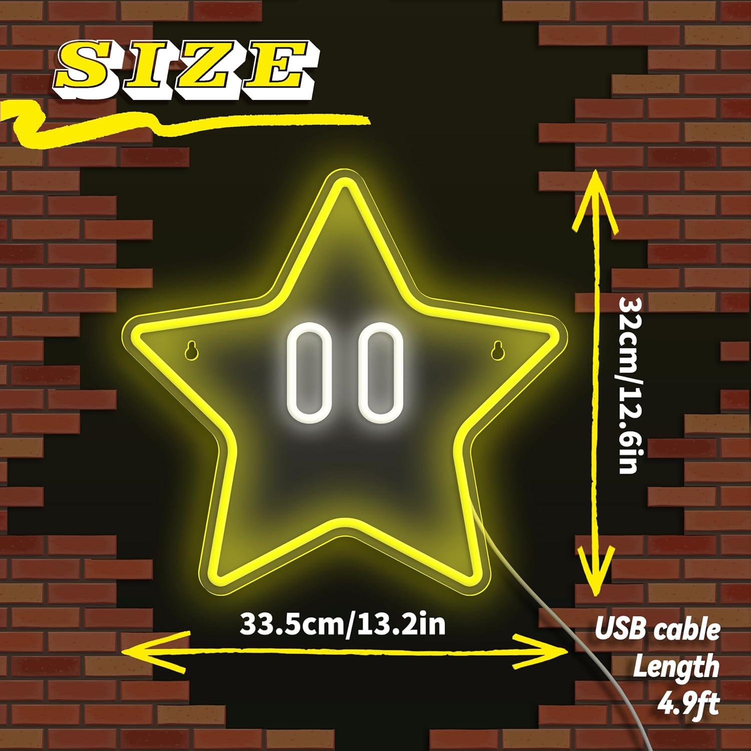 Letrero de Neón Estrella LED Amarillo 35x35 cm para Juegos