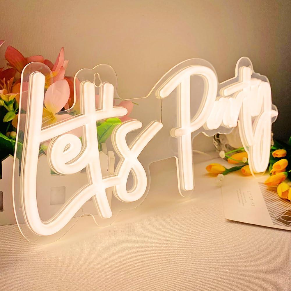 Lets Party Neon Sign with Dimmable for All Partys,17x7.5inch, Neon Lights for Wall Decor, Birthday, Wedding, Bachelorette Party, Valentine's Day Gifts with 5V USB Cable, Warm White-by Colysor