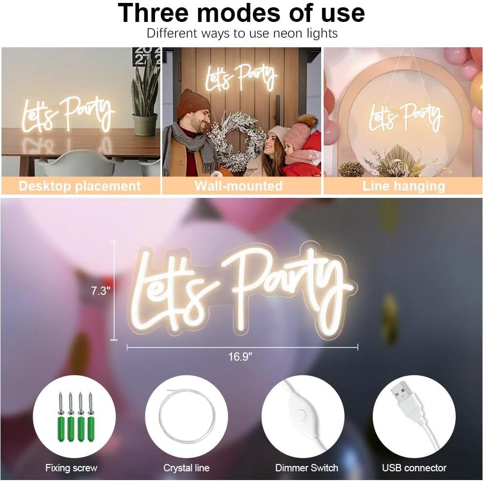 Lets Party Neon Sign with Dimmable for All Partys,17x7.5inch, Neon Lights for Wall Decor, Birthday, Wedding, Bachelorette Party, Valentine's Day Gifts with 5V USB Cable, Warm White-by Colysor