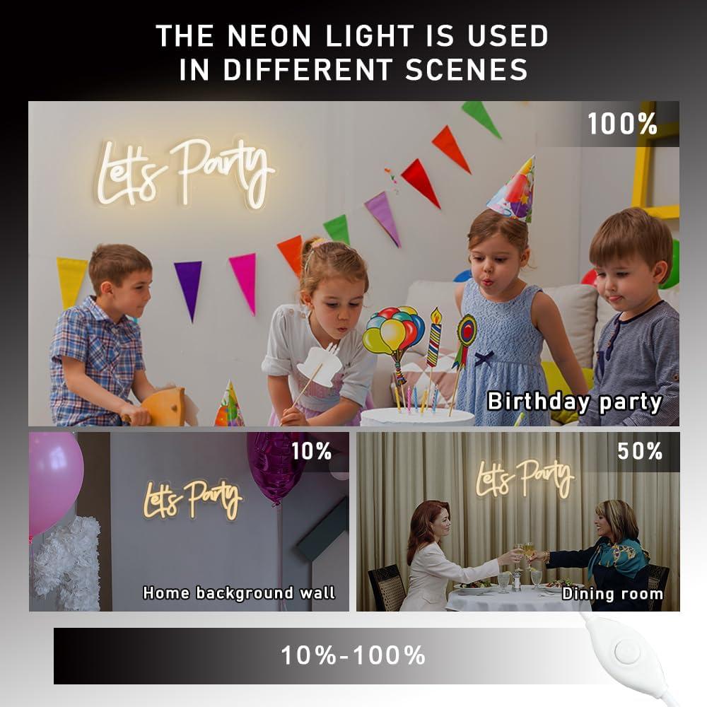 Lets Party Neon Sign with Dimmable for All Partys,17x7.5inch, Neon Lights for Wall Decor, Birthday, Wedding, Bachelorette Party, Valentine's Day Gifts with 5V USB Cable, Warm White-by Colysor