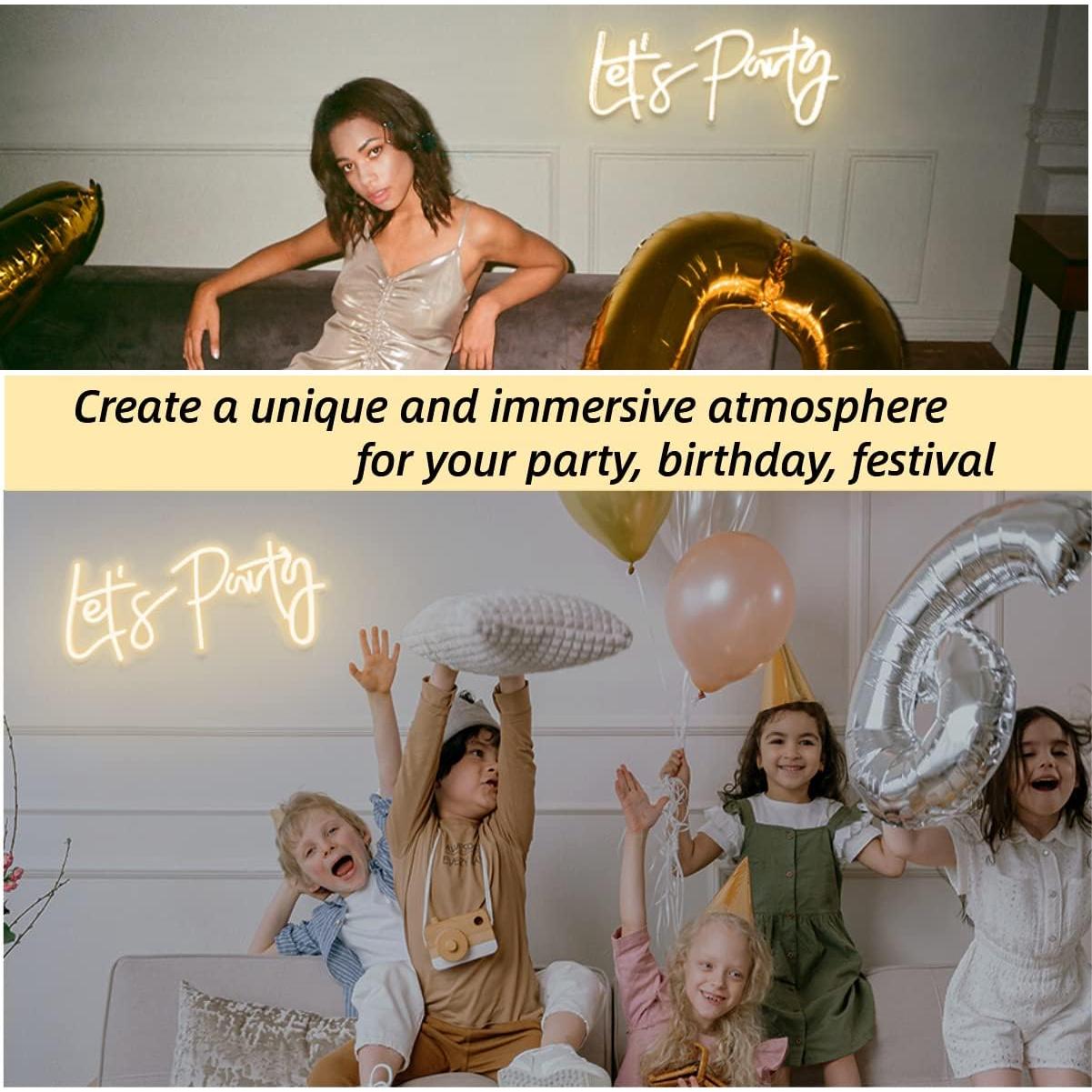 Lets Party Neon Sign with Dimmable for All Partys,17x7.5inch, Neon Lights for Wall Decor, Birthday, Wedding, Bachelorette Party, Valentine's Day Gifts with 5V USB Cable, Warm White-by Colysor