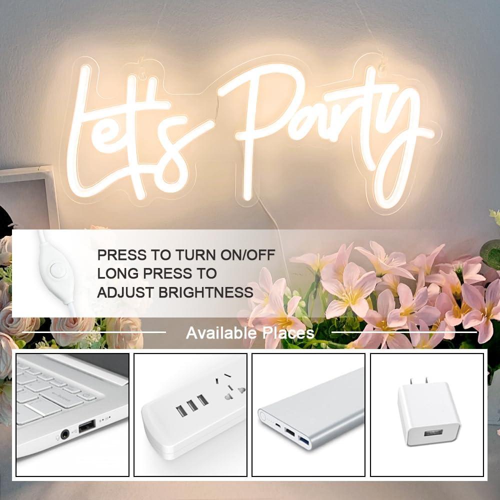 Lets Party Neon Sign with Dimmable for All Partys,17x7.5inch, Neon Lights for Wall Decor, Birthday, Wedding, Bachelorette Party, Valentine's Day Gifts with 5V USB Cable, Warm White-by Colysor