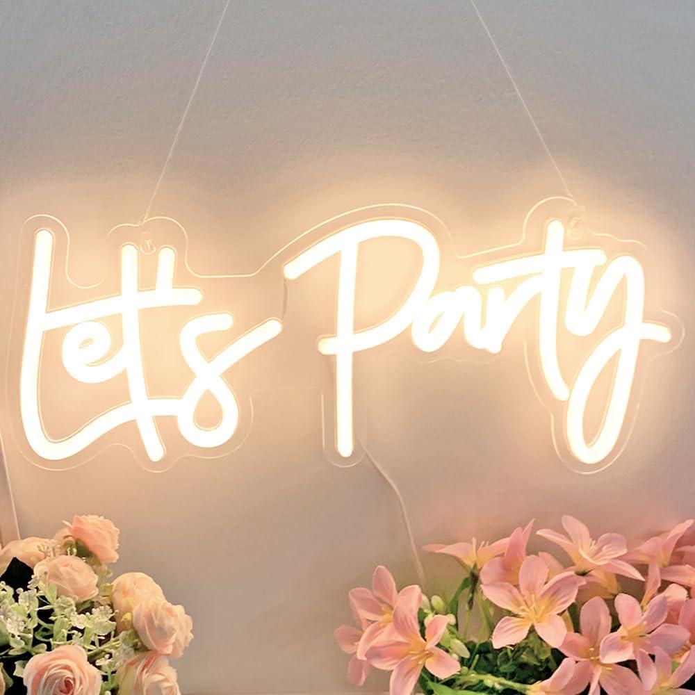 Lets Party Neon Sign with Dimmable for All Partys,17x7.5inch, Neon Lights for Wall Decor, Birthday, Wedding, Bachelorette Party, Valentine's Day Gifts with 5V USB Cable, Warm White-by Colysor