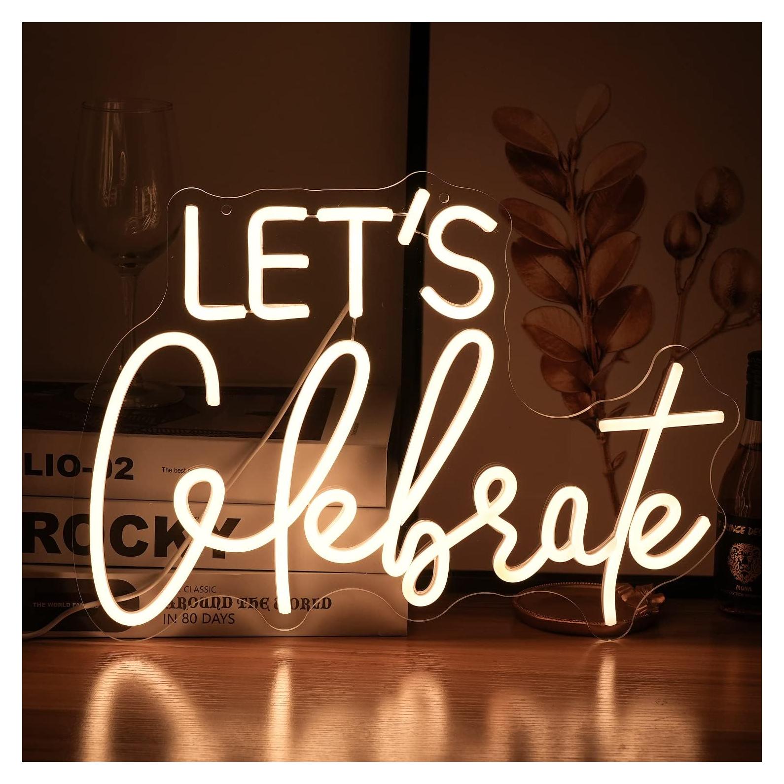 Let's Celebrate Neon Sign Dimmable Warm White Neon Light Let's Celebrate Neon Signs for Wall Decor Powered by USB Words LED Lights for Bedroom Party Thanksgiving(16.5"x11.8")