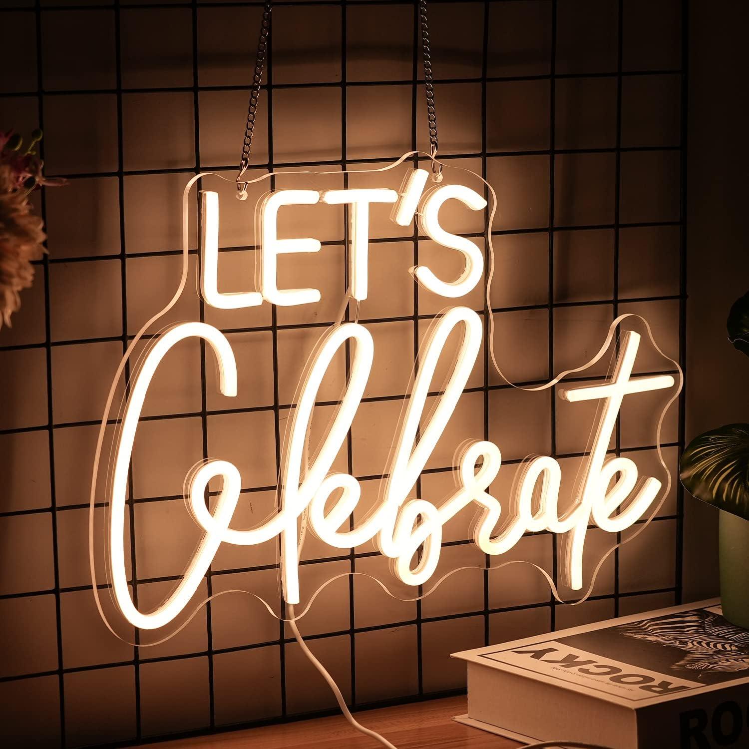 Let's Celebrate Neon Sign Dimmable Warm White Neon Light Let's Celebrate Neon Signs for Wall Decor Powered by USB Words LED Lights for Bedroom Party Thanksgiving(16.5"x11.8")