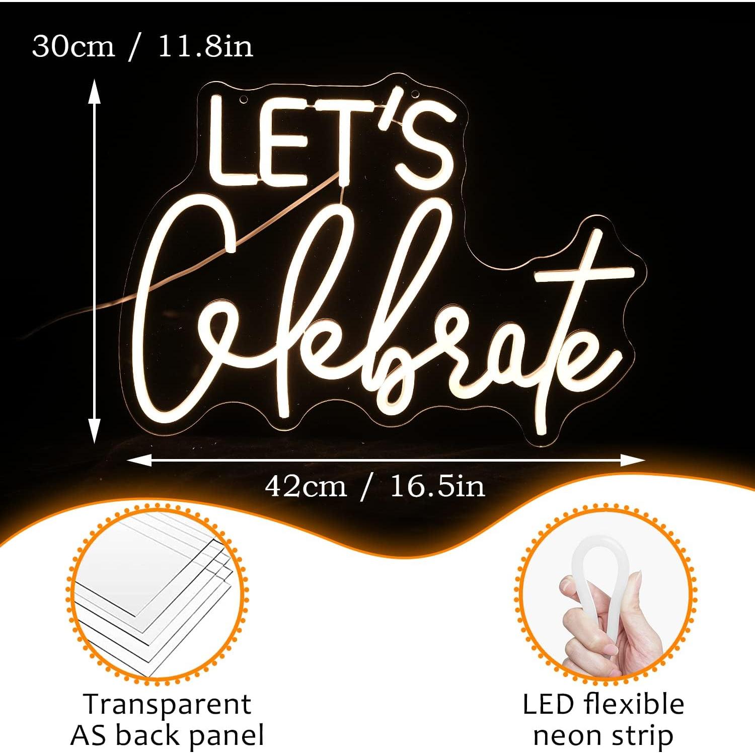 Let's Celebrate Neon Sign Dimmable Warm White Neon Light Let's Celebrate Neon Signs for Wall Decor Powered by USB Words LED Lights for Bedroom Party Thanksgiving(16.5"x11.8")