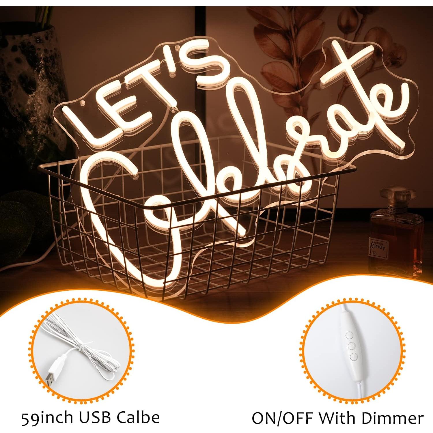 Let's Celebrate Neon Sign Dimmable Warm White Neon Light Let's Celebrate Neon Signs for Wall Decor Powered by USB Words LED Lights for Bedroom Party Thanksgiving(16.5"x11.8")
