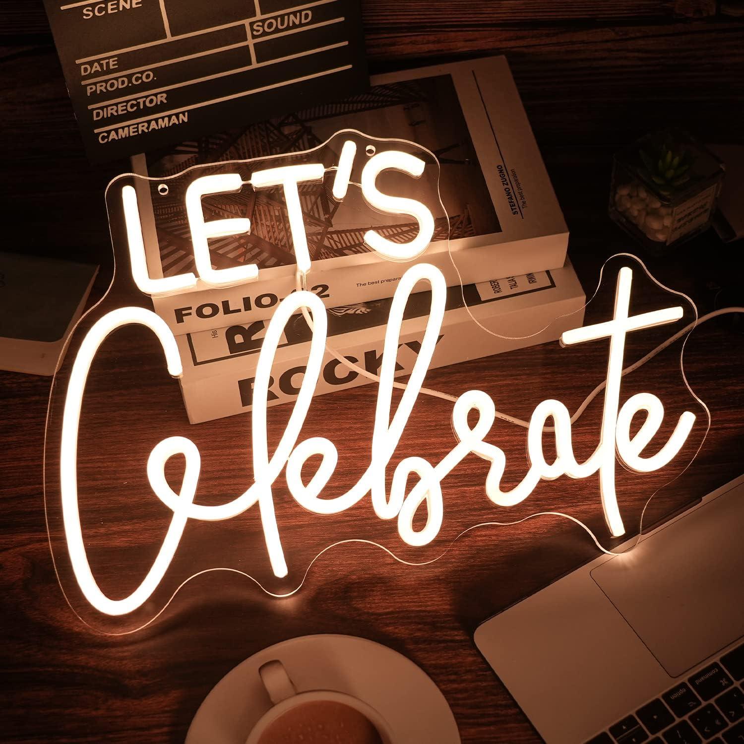Let's Celebrate Neon Sign Dimmable Warm White Neon Light Let's Celebrate Neon Signs for Wall Decor Powered by USB Words LED Lights for Bedroom Party Thanksgiving(16.5"x11.8")