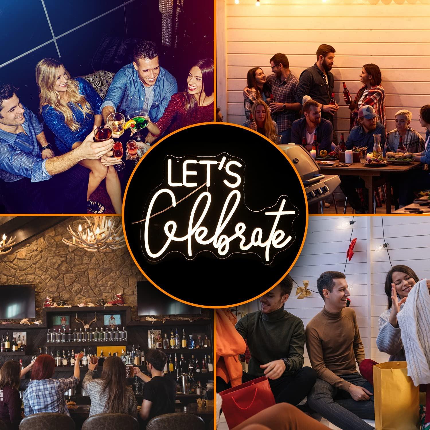 Let's Celebrate Neon Sign Dimmable Warm White Neon Light Let's Celebrate Neon Signs for Wall Decor Powered by USB Words LED Lights for Bedroom Party Thanksgiving(16.5"x11.8")