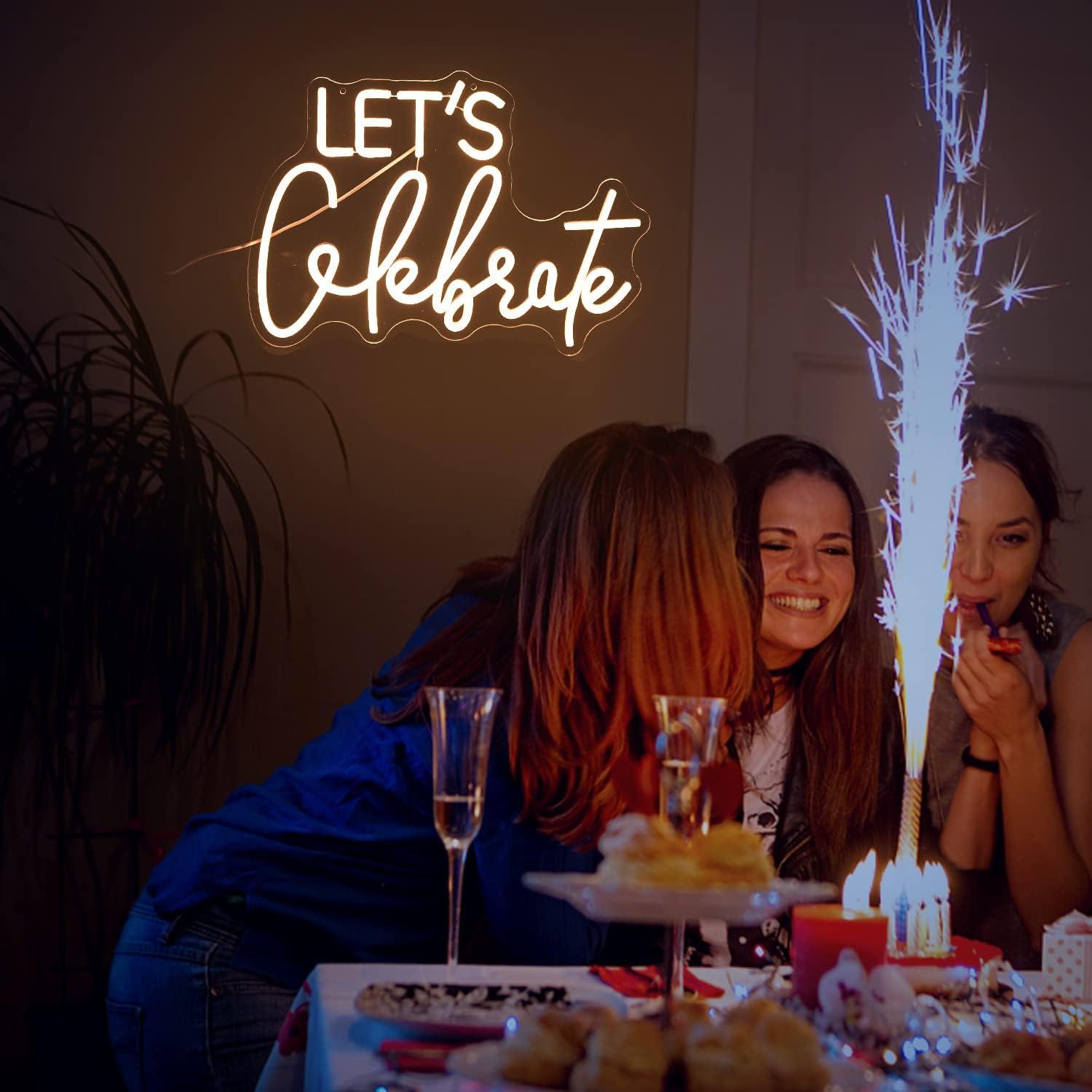Let's Celebrate Neon Sign Dimmable Warm White Neon Light Let's Celebrate Neon Signs for Wall Decor Powered by USB Words LED Lights for Bedroom Party Thanksgiving(16.5"x11.8")