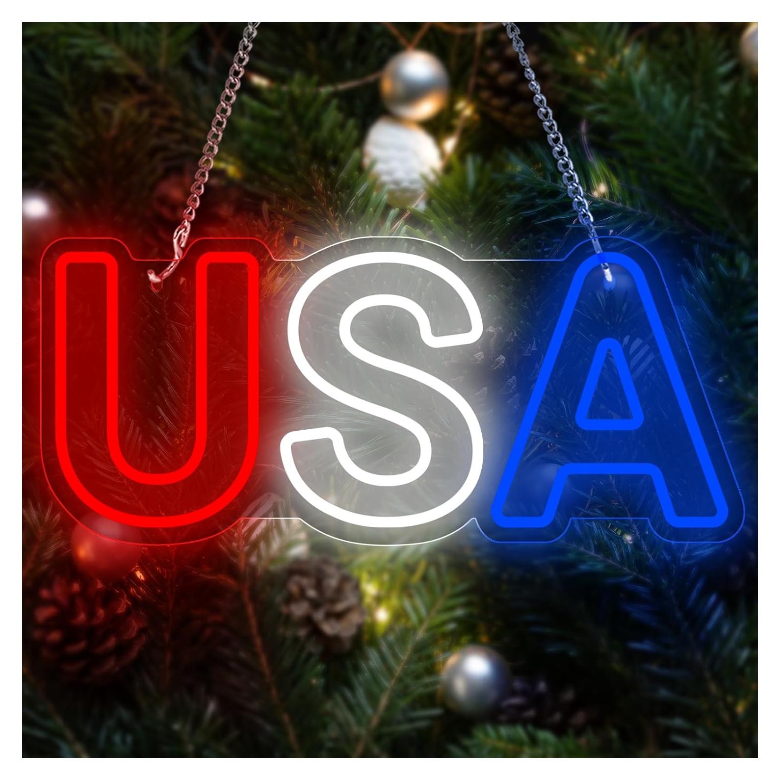 Neon Sign for Wall Decor USA Sign, Neon Light Sign for Bedroom Home Decorations, Dimmable USB Power Light，Patriotic Ornaments for Independence Day National Day July 4th Memorial Day Christmas New Year Party Decoration 15.7"×6.7"