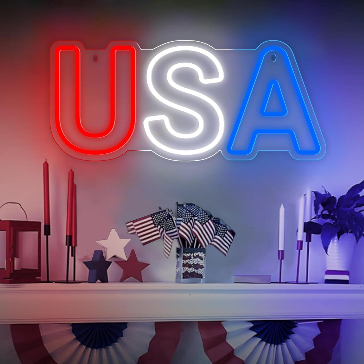 Neon Sign for Wall Decor USA Sign, Neon Light Sign for Bedroom Home Decorations, Dimmable USB Power Light，Patriotic Ornaments for Independence Day National Day July 4th Memorial Day Christmas New Year Party Decoration 15.7"×6.7"