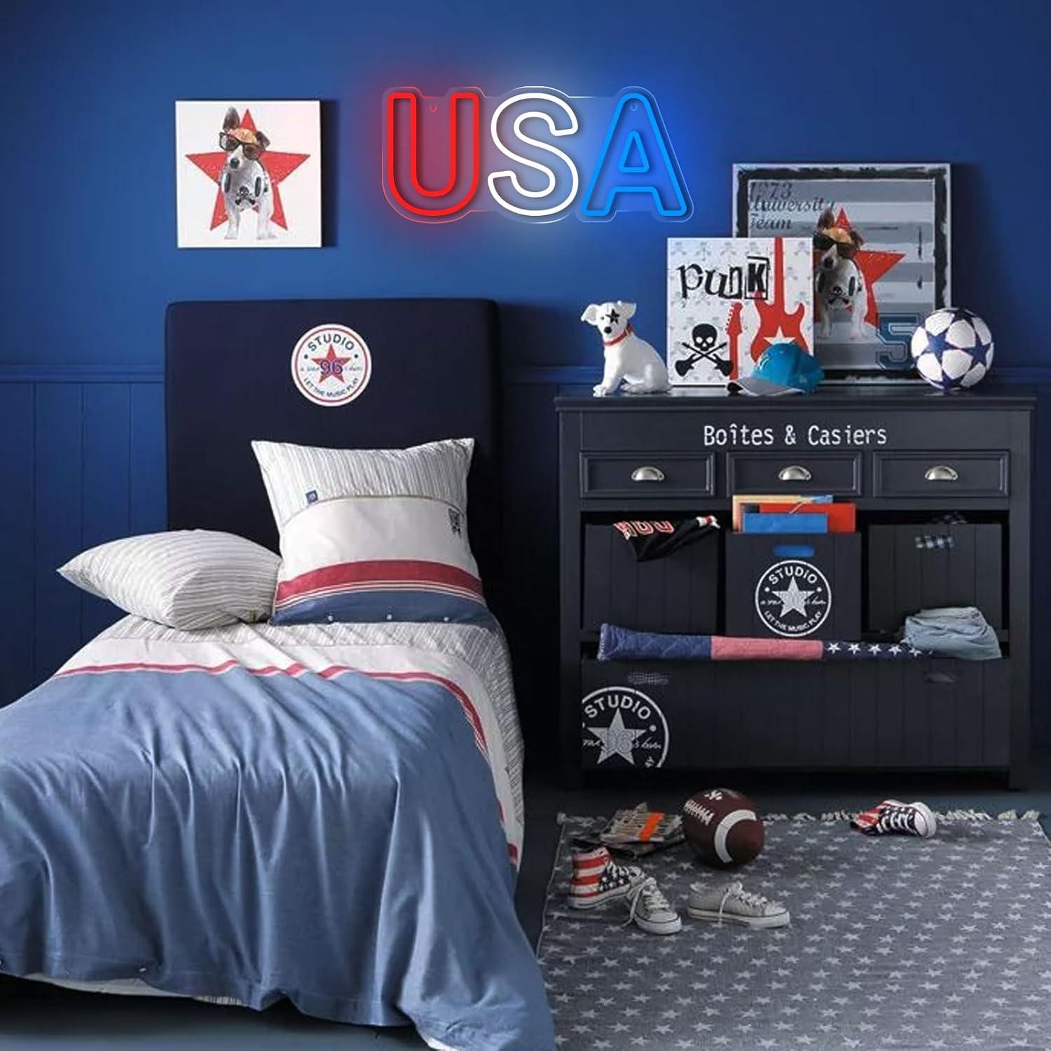 Neon Sign for Wall Decor USA Sign, Neon Light Sign for Bedroom Home Decorations, Dimmable USB Power Light，Patriotic Ornaments for Independence Day National Day July 4th Memorial Day Christmas New Year Party Decoration 15.7"×6.7"