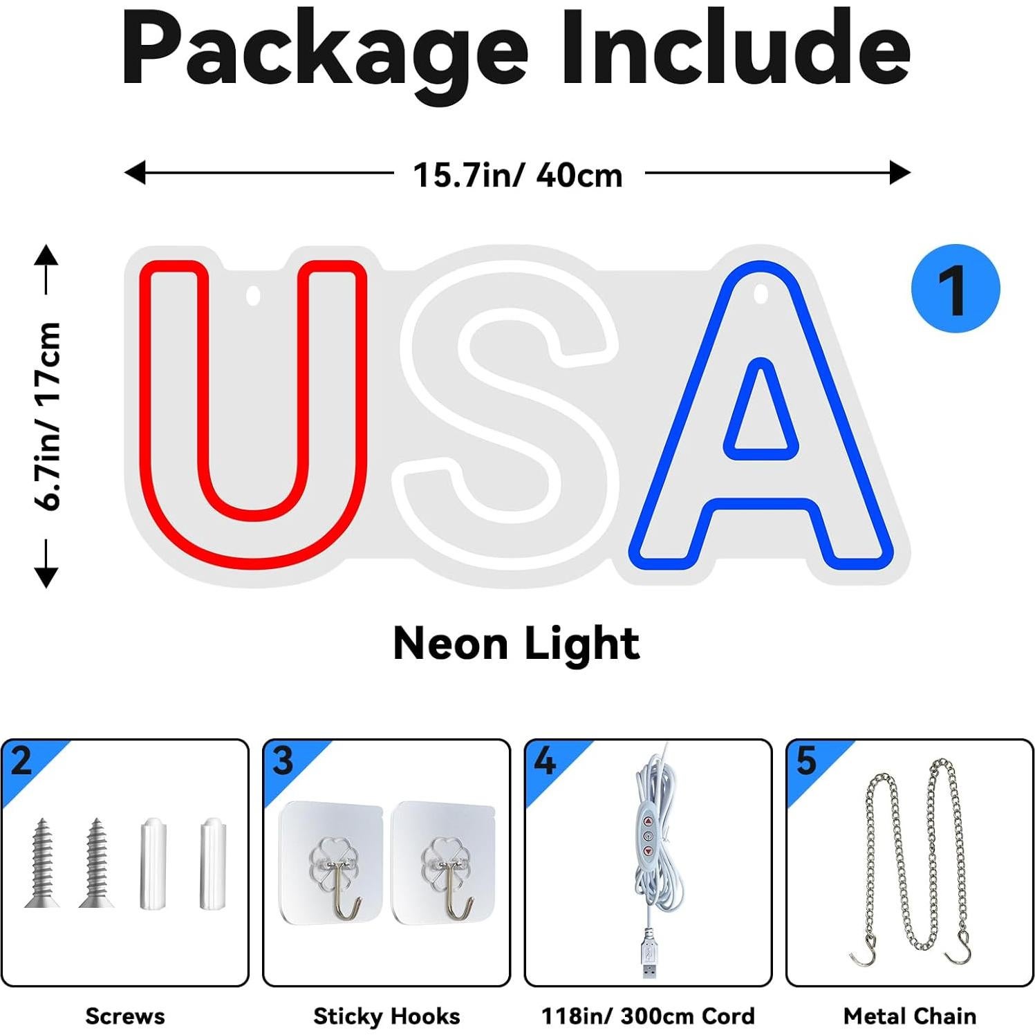Neon Sign for Wall Decor USA Sign, Neon Light Sign for Bedroom Home Decorations, Dimmable USB Power Light，Patriotic Ornaments for Independence Day National Day July 4th Memorial Day Christmas New Year Party Decoration 15.7"×6.7"