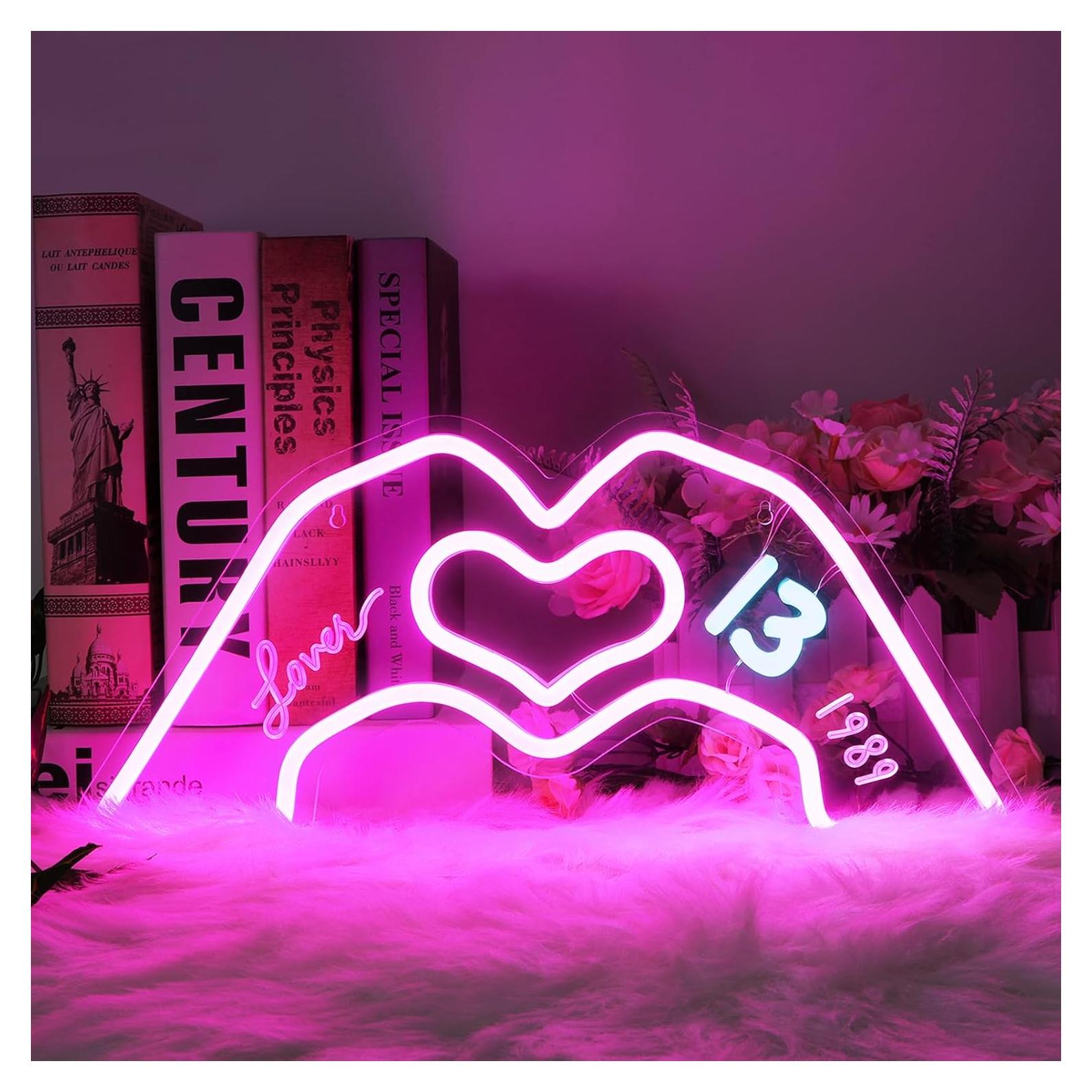 Heart Hands Neon Sign Light, Pink Neon Light Signs for Wall Decor Aesthetic, Dimmable and USB Powered Led Light for Girls Room, Bedroom, Living Room, Wedding Birthday Party Decor 15.7"