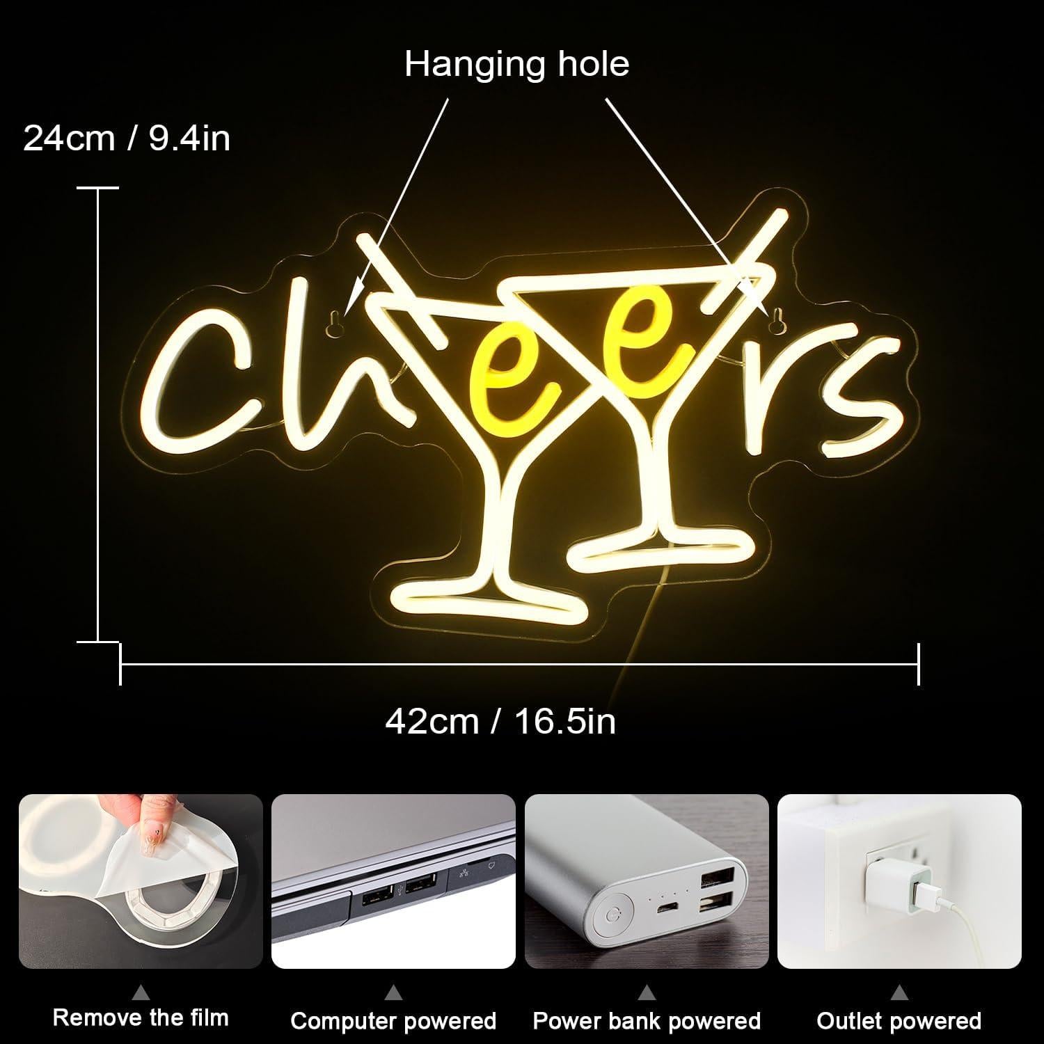 Cheers Neon Sign - Cocktails Bar Led Sign 10 Dimmable Cheers Neon Signs for Wall Decor, Cocktails Glass Neon Lights Signs for Home Pub Party Club Restaurant Shop Bar Lights Decor Gifts