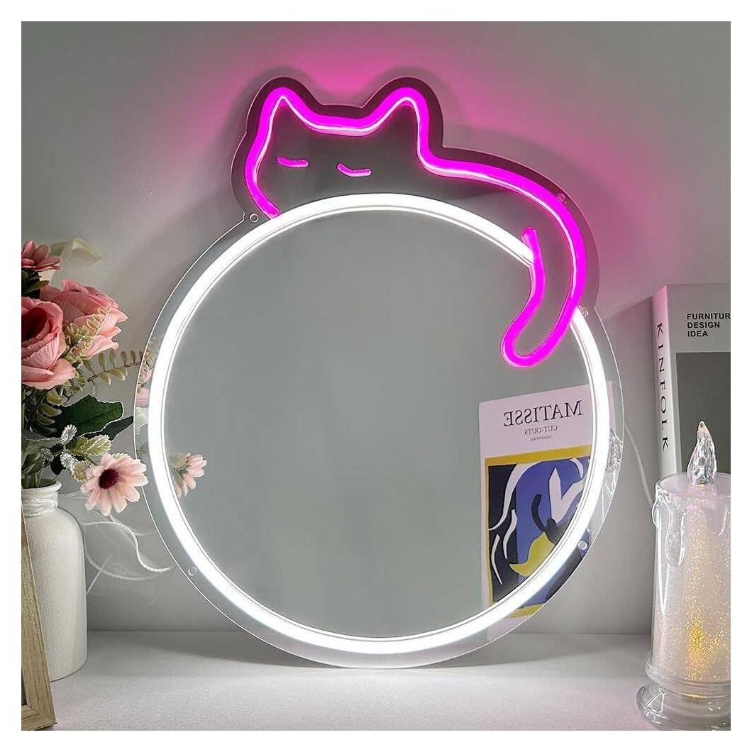Cat Mirror Neon Sign Neon Wall Art Sign for Wall Decor LED Neon Mirror Light Sign for Girls Room Bedroom Wedding Birthday Party