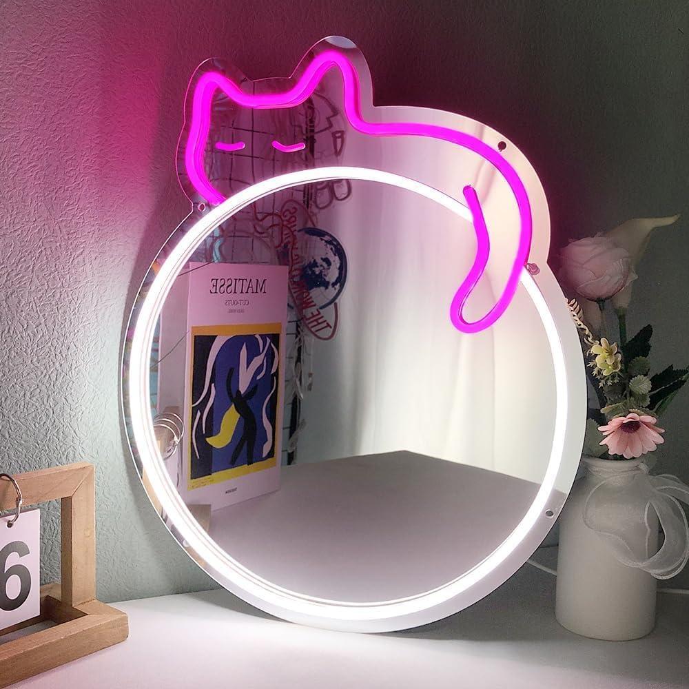 Cat Mirror Neon Sign Neon Wall Art Sign for Wall Decor LED Neon Mirror Light Sign for Girls Room Bedroom Wedding Birthday Party