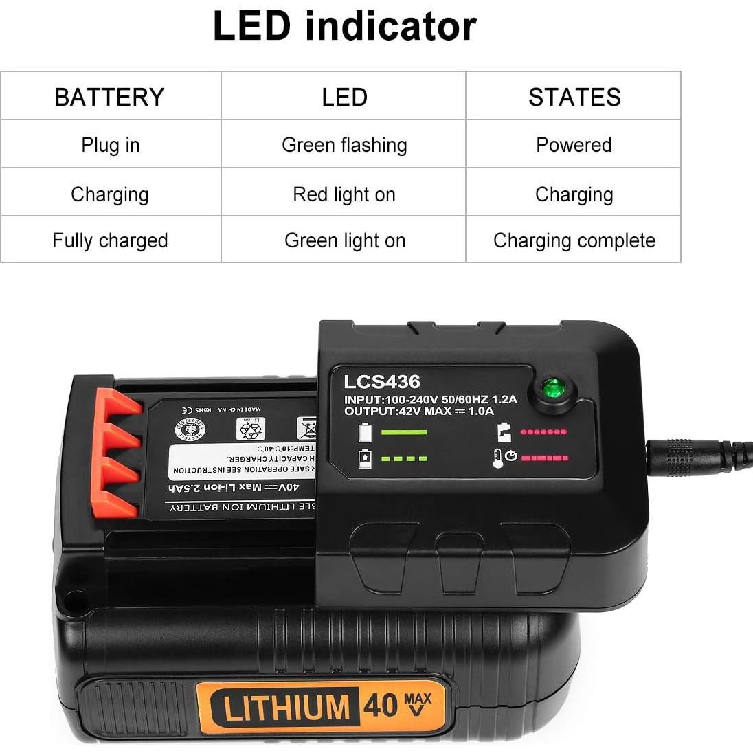 Cargador de Batería 40V Black+Decker LCS36 LCS40 Litio