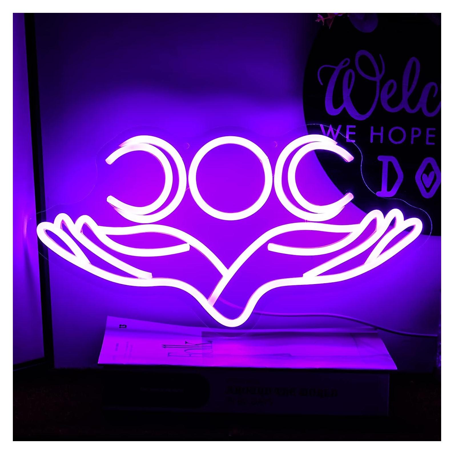 Letrero de Neón Mano Luna Morada Alkkign 41.91x21.84cm