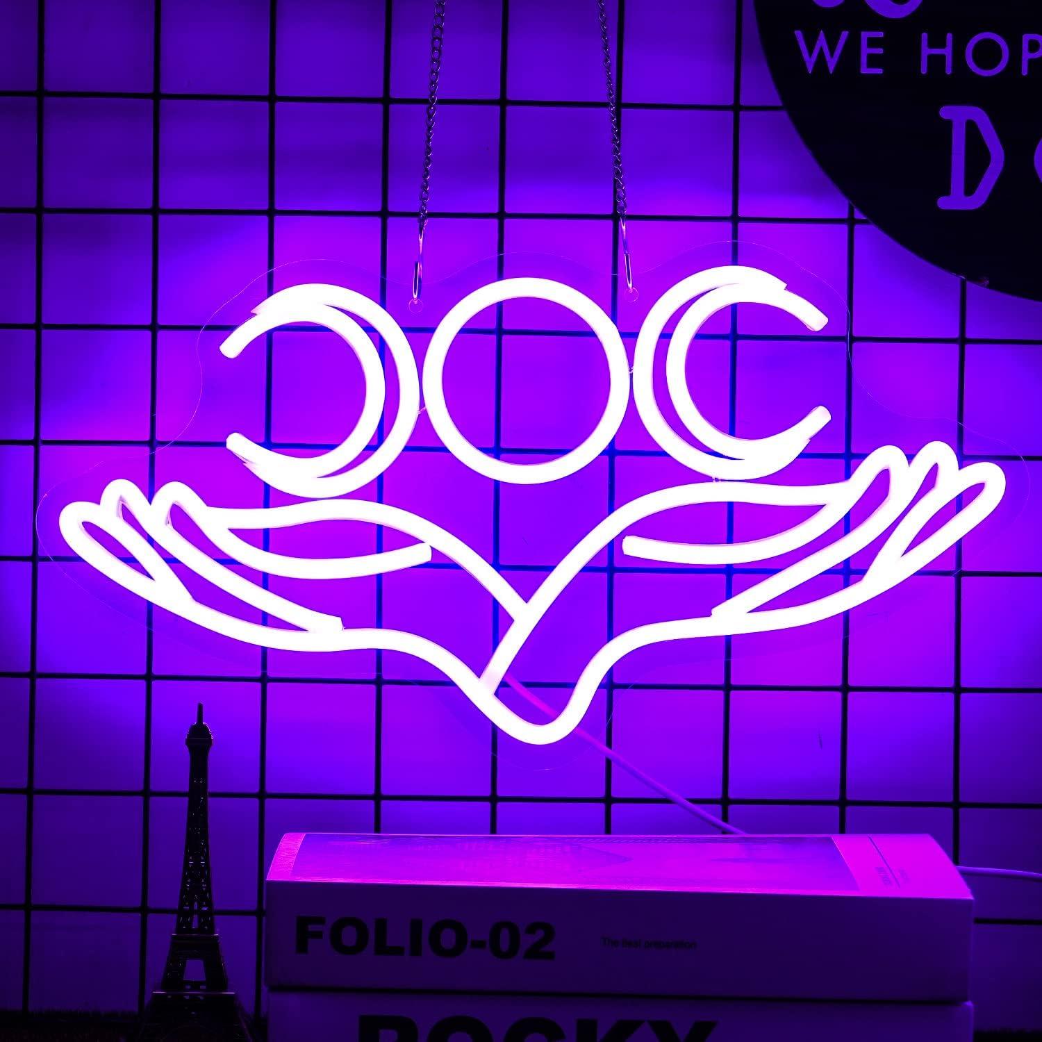 Letrero de Neón Mano Luna Morada Alkkign 41.91x21.84cm