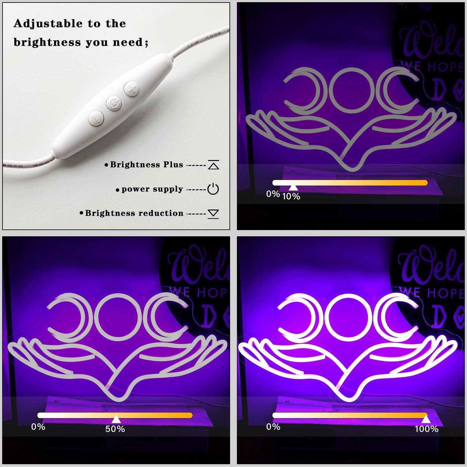 Letrero de Neón Mano Luna Morada Alkkign 41.91x21.84cm