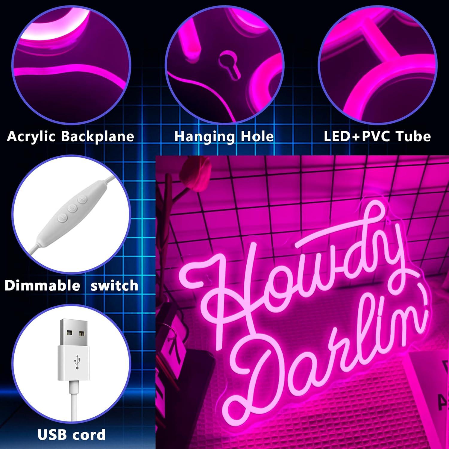 Cartel de Neón Howdy Darlin' Rosa Dimmable 39.9x26.9 cm