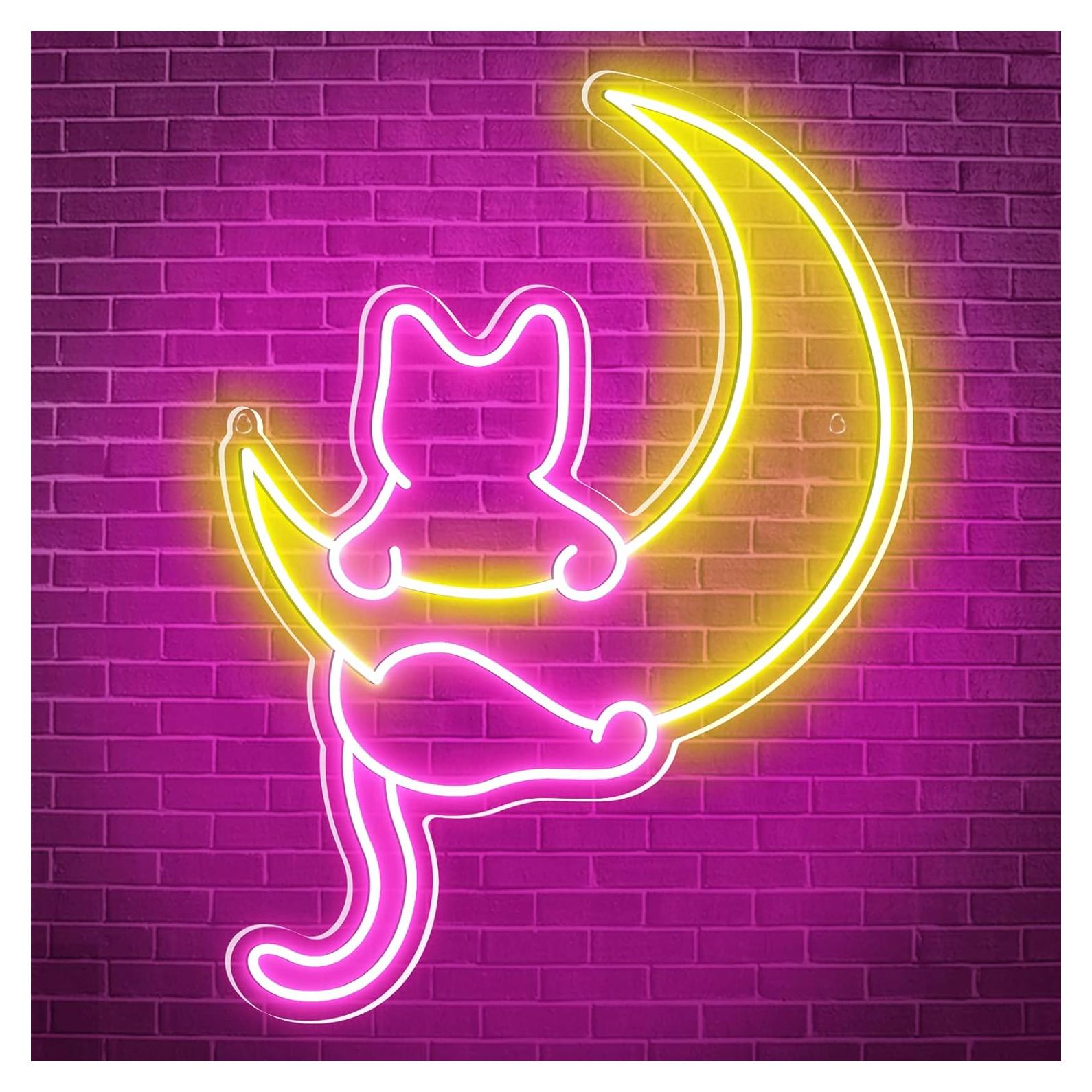 Anime Cat & Moon Neon Sign, Personalized Neon Signs for Wall Decor, LED Night Lights Home Decor Lights Backdrop LED Light up Signs for Game Room Sign Wall Art Arcade Decor, Bedroom, Living Room, Bars,