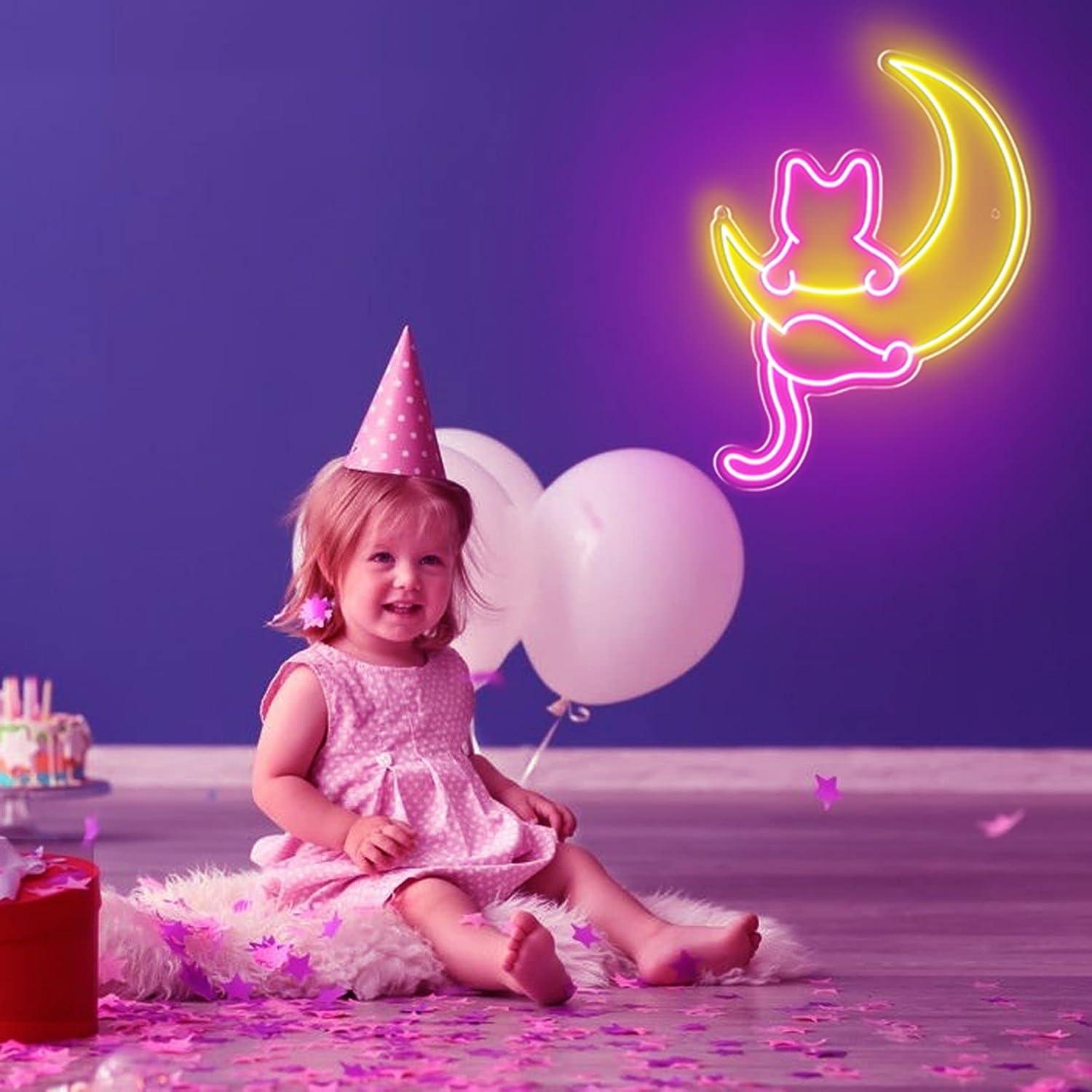 Anime Cat & Moon Neon Sign, Personalized Neon Signs for Wall Decor, LED Night Lights Home Decor Lights Backdrop LED Light up Signs for Game Room Sign Wall Art Arcade Decor, Bedroom, Living Room, Bars,