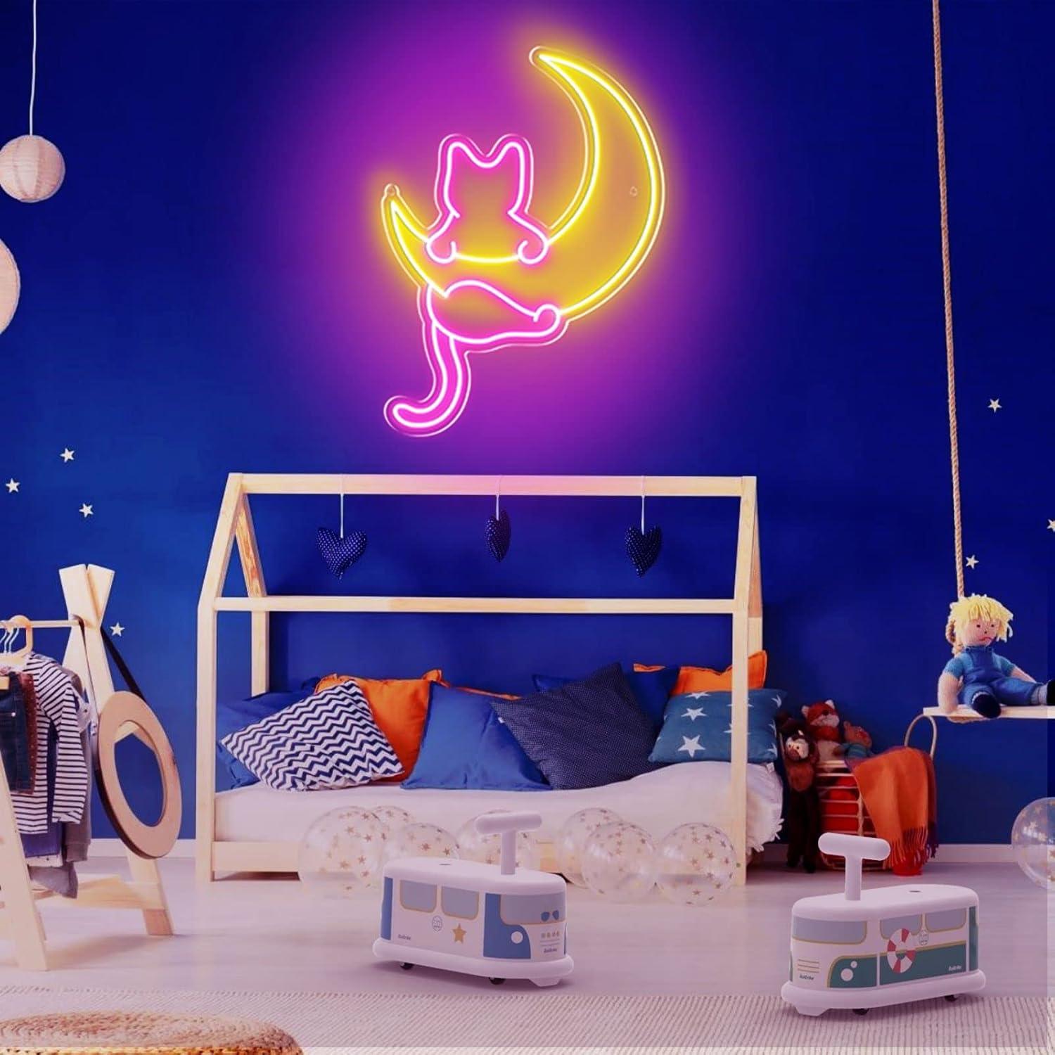 Anime Cat & Moon Neon Sign, Personalized Neon Signs for Wall Decor, LED Night Lights Home Decor Lights Backdrop LED Light up Signs for Game Room Sign Wall Art Arcade Decor, Bedroom, Living Room, Bars,