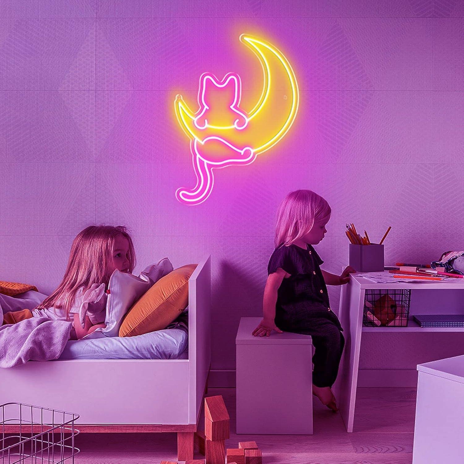 Anime Cat & Moon Neon Sign, Personalized Neon Signs for Wall Decor, LED Night Lights Home Decor Lights Backdrop LED Light up Signs for Game Room Sign Wall Art Arcade Decor, Bedroom, Living Room, Bars,