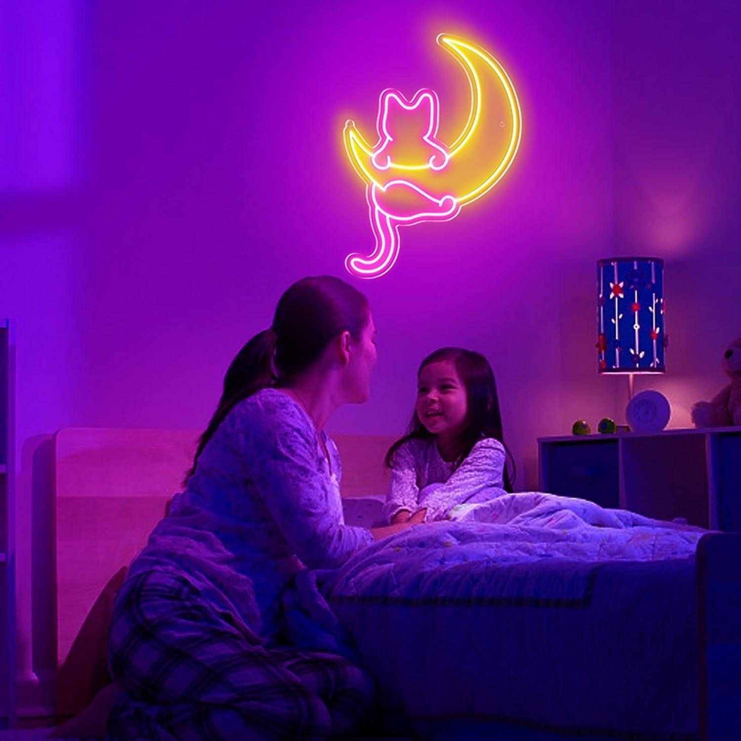 Anime Cat & Moon Neon Sign, Personalized Neon Signs for Wall Decor, LED Night Lights Home Decor Lights Backdrop LED Light up Signs for Game Room Sign Wall Art Arcade Decor, Bedroom, Living Room, Bars,