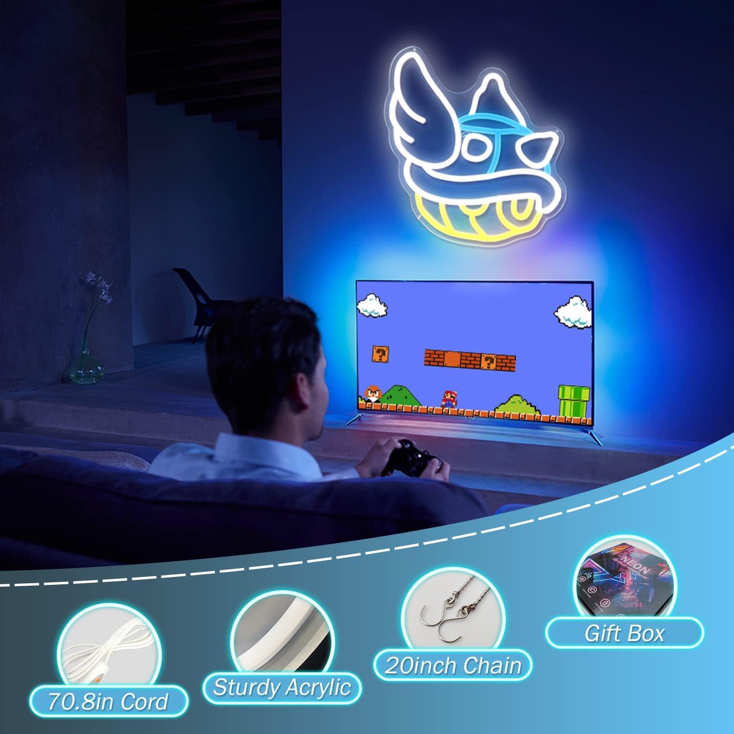 Blue Shell Neon Sign Gaming Neon Sign from Game Room Decor Dimmable Blue Shell Neon Game Decor Lights up Sign for Kids Man Cave Wall Gamer Gifts for Boys Kids
