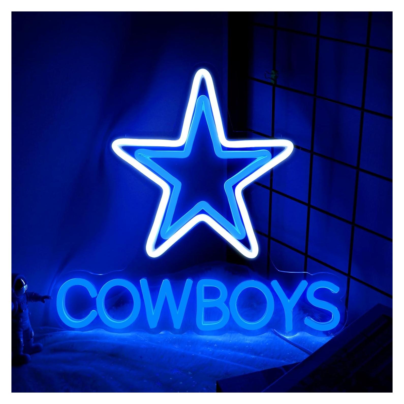 Cowboy Football Neon Signs - Dimmer Dallas Pentagram Neon Light USB Powered Coloured Rugby Team LED Lights for Party Bar Family Gathering Art Decoration Game Room Blue 13.7 X 12.5 In