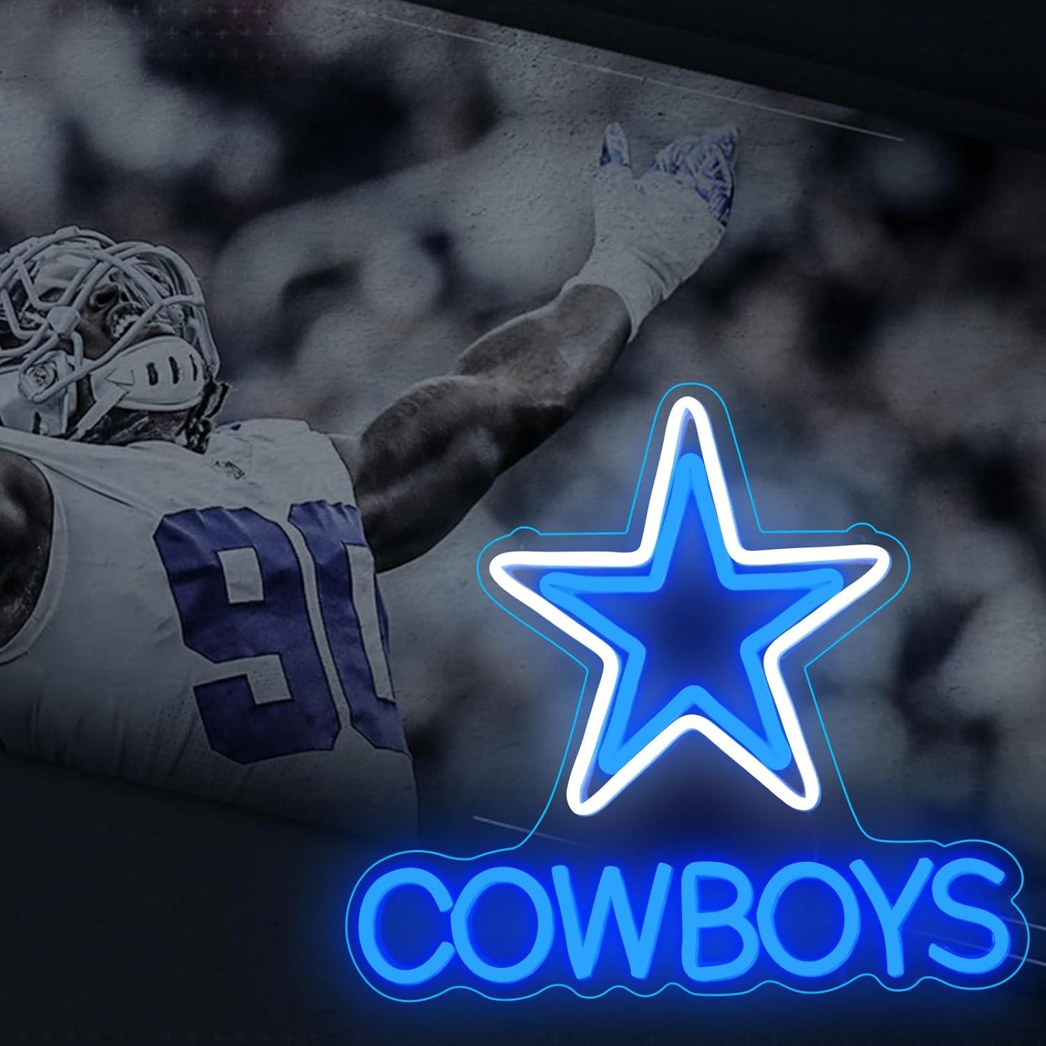 Cowboy Football Neon Signs - Dimmer Dallas Pentagram Neon Light USB Powered Coloured Rugby Team LED Lights for Party Bar Family Gathering Art Decoration Game Room Blue 13.7 X 12.5 In