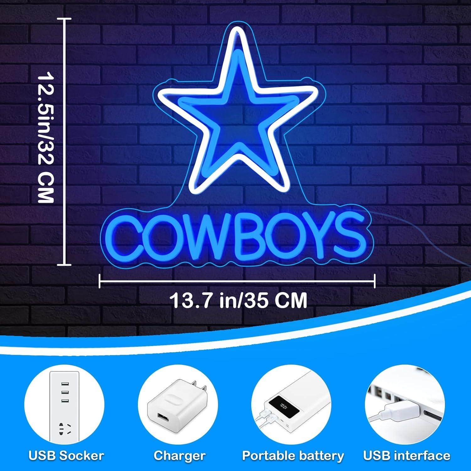 Cowboy Football Neon Signs - Dimmer Dallas Pentagram Neon Light USB Powered Coloured Rugby Team LED Lights for Party Bar Family Gathering Art Decoration Game Room Blue 13.7 X 12.5 In