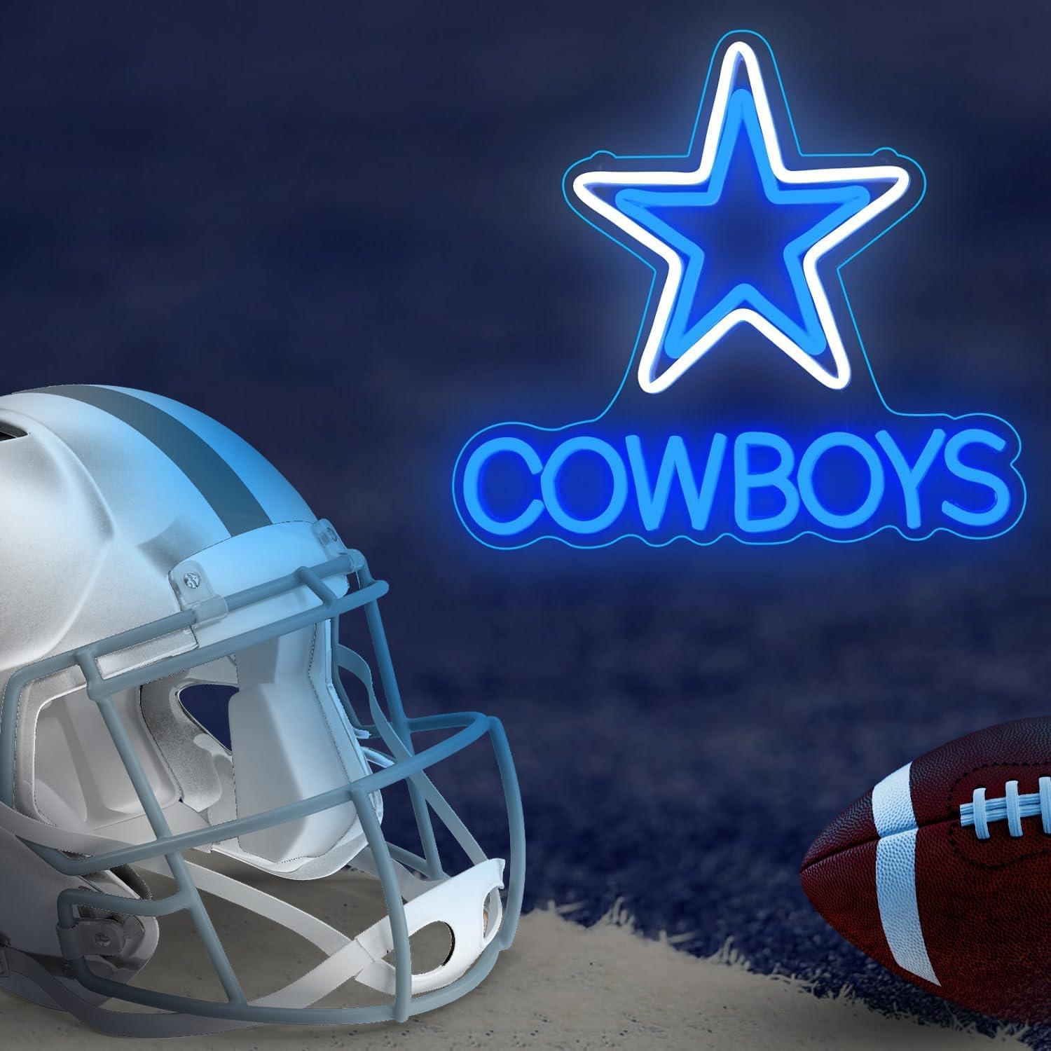 Cowboy Football Neon Signs - Dimmer Dallas Pentagram Neon Light USB Powered Coloured Rugby Team LED Lights for Party Bar Family Gathering Art Decoration Game Room Blue 13.7 X 12.5 In