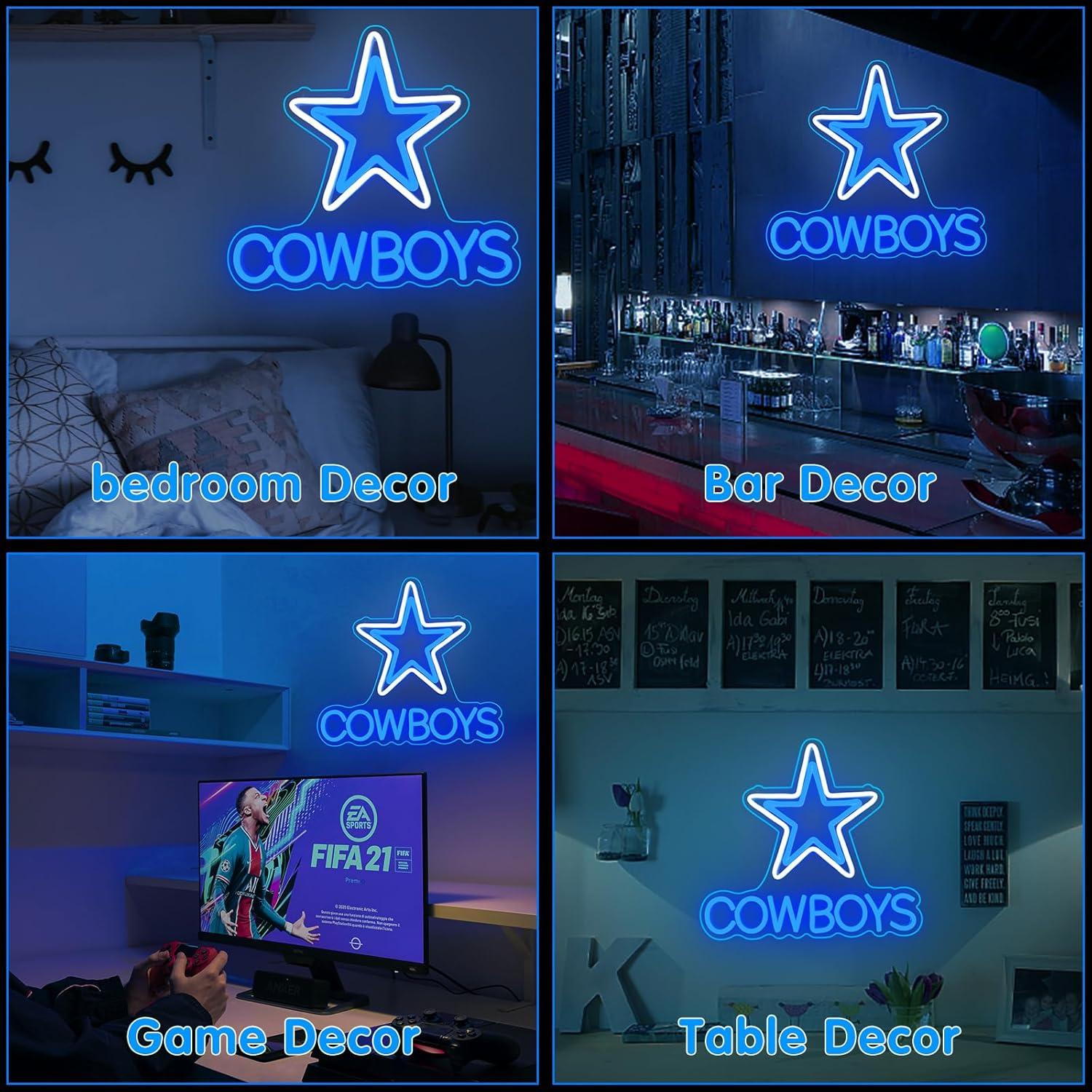 Cowboy Football Neon Signs - Dimmer Dallas Pentagram Neon Light USB Powered Coloured Rugby Team LED Lights for Party Bar Family Gathering Art Decoration Game Room Blue 13.7 X 12.5 In