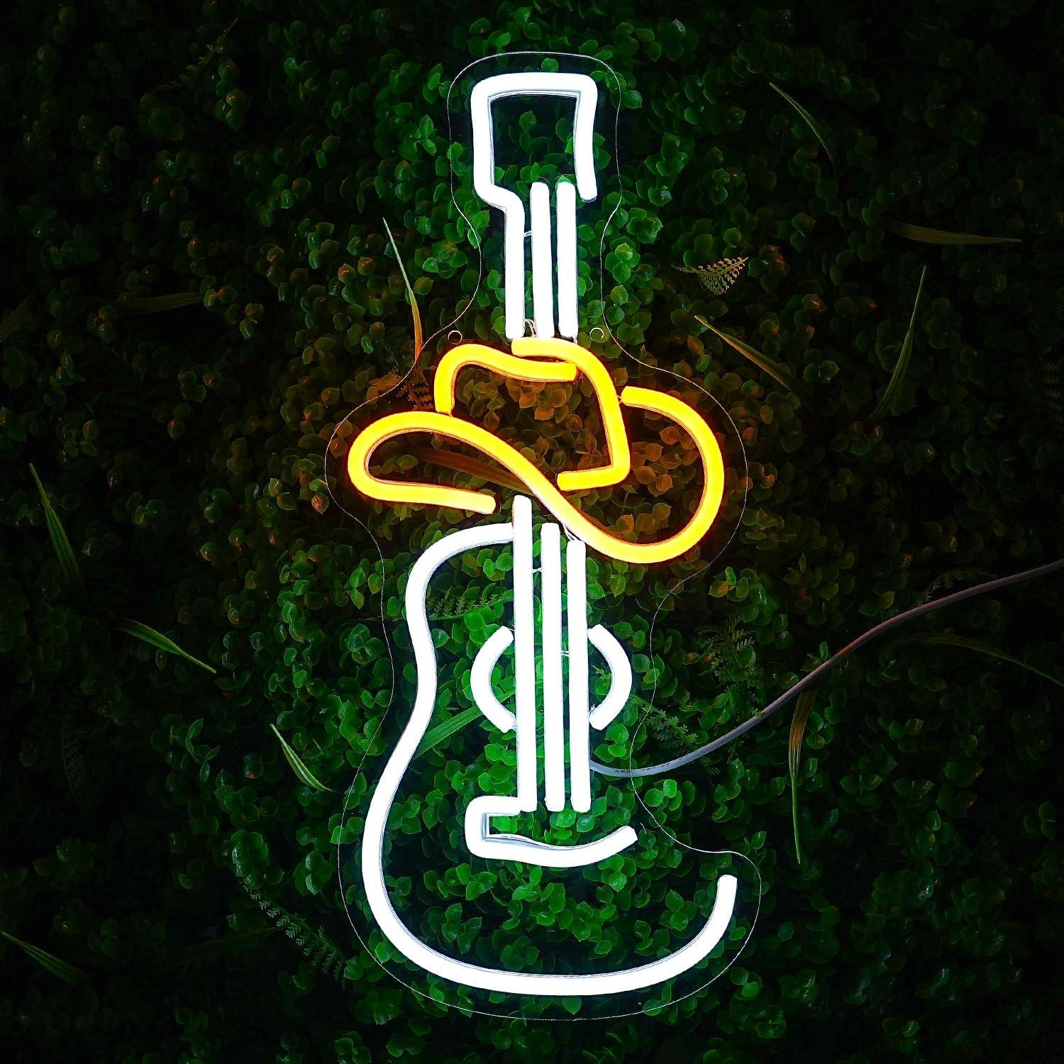 Luz de Neón Guitarra con Sombrero Amarillo LULANMP 42.9x18.8cm