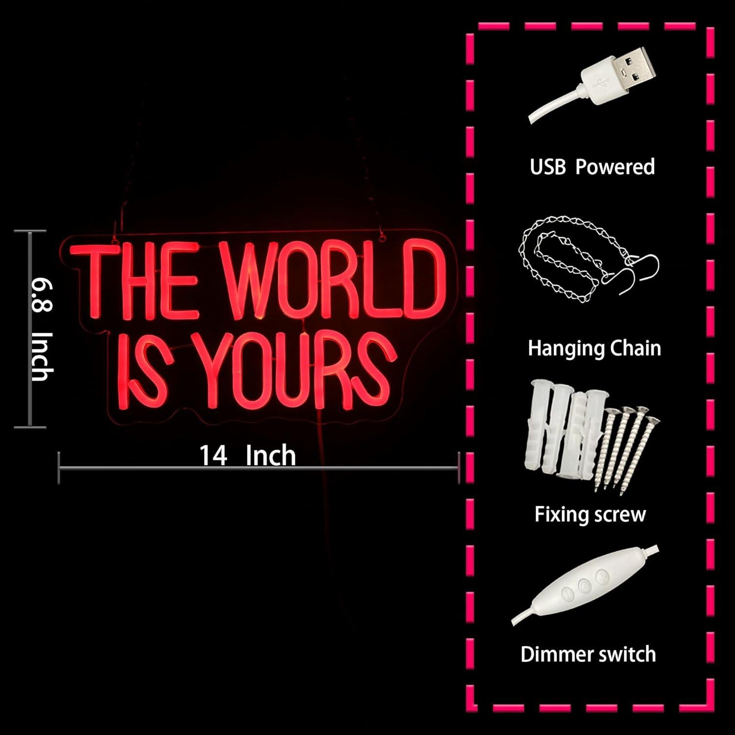 Letrero Neón LED El Mundo Es Tuyo 35.5x17.3cm Decoración