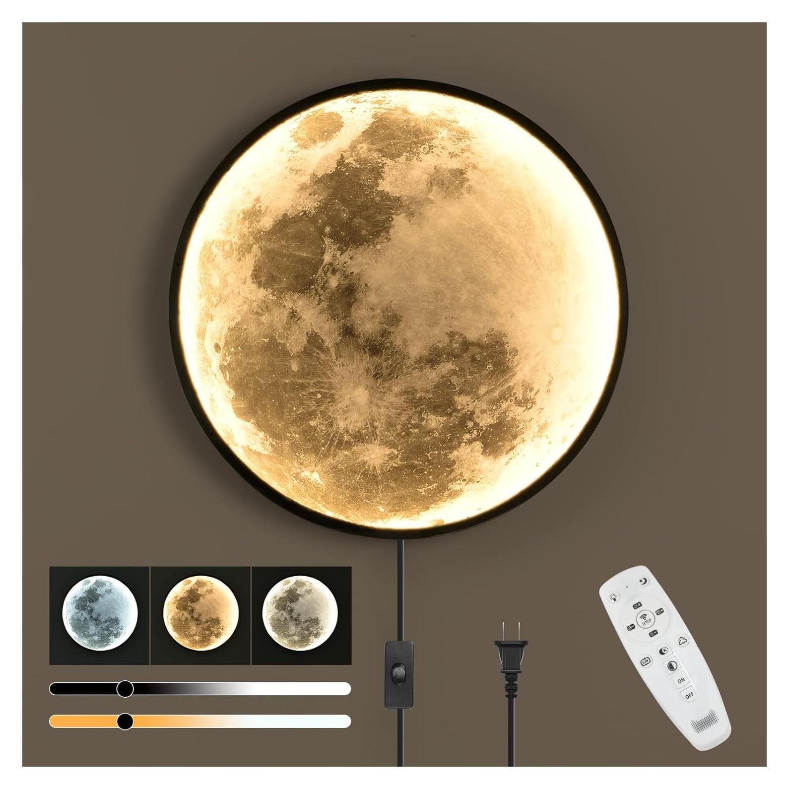 QIYIMEILUX Dimmable Moon Wall Sconce Plug in Modern LED Wall Light with Remote Control 19.7 inch 24W Black Wall Lamp Indoor Wall Mounted Lighting Ceiling Light for Living Room Bedroom（Moon）