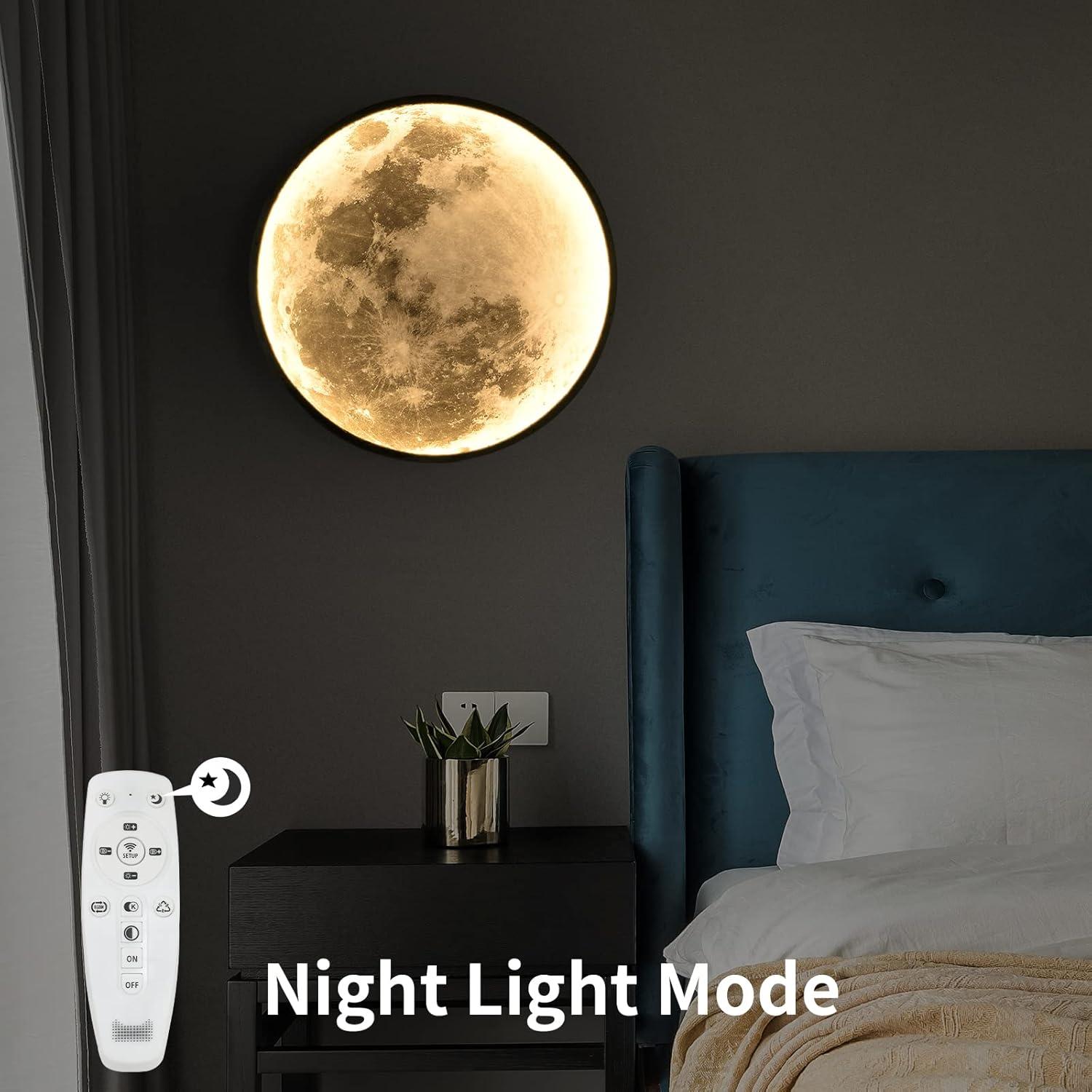 QIYIMEILUX Dimmable Moon Wall Sconce Plug in Modern LED Wall Light with Remote Control 19.7 inch 24W Black Wall Lamp Indoor Wall Mounted Lighting Ceiling Light for Living Room Bedroom（Moon）