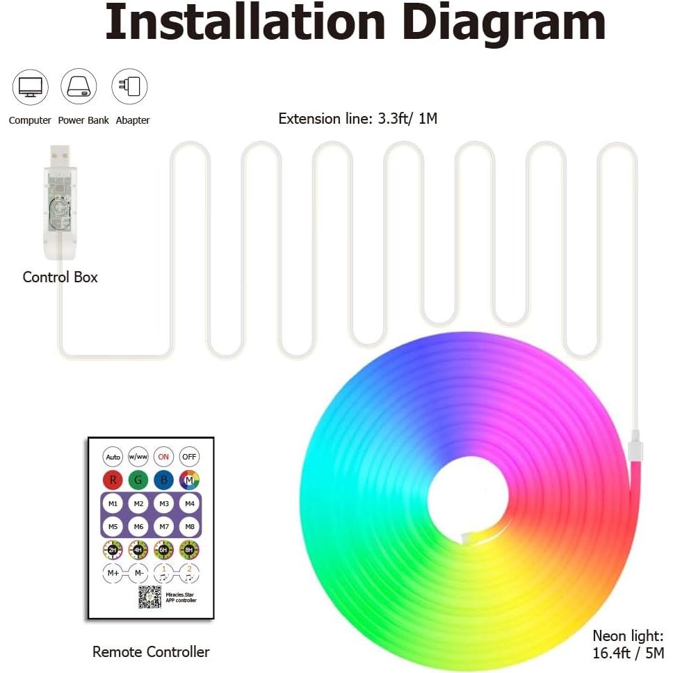 Luces de Cuerda LED Neón EcoMyLife 5M RGB Dimmable IP68