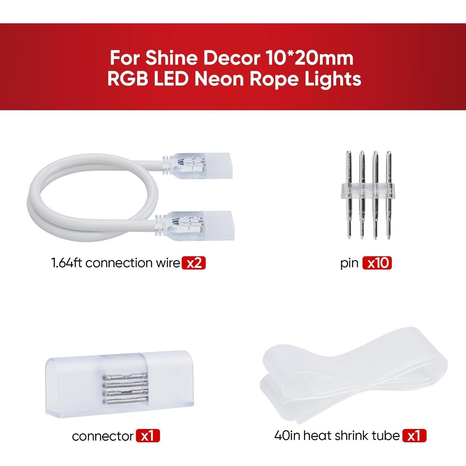 Shine Decor Connecting Parts Kit of 2 Connection Wire Cables & 1 Connector with 4-Prong Pin 10x20mm RGB LED Neon Rope Lights Only