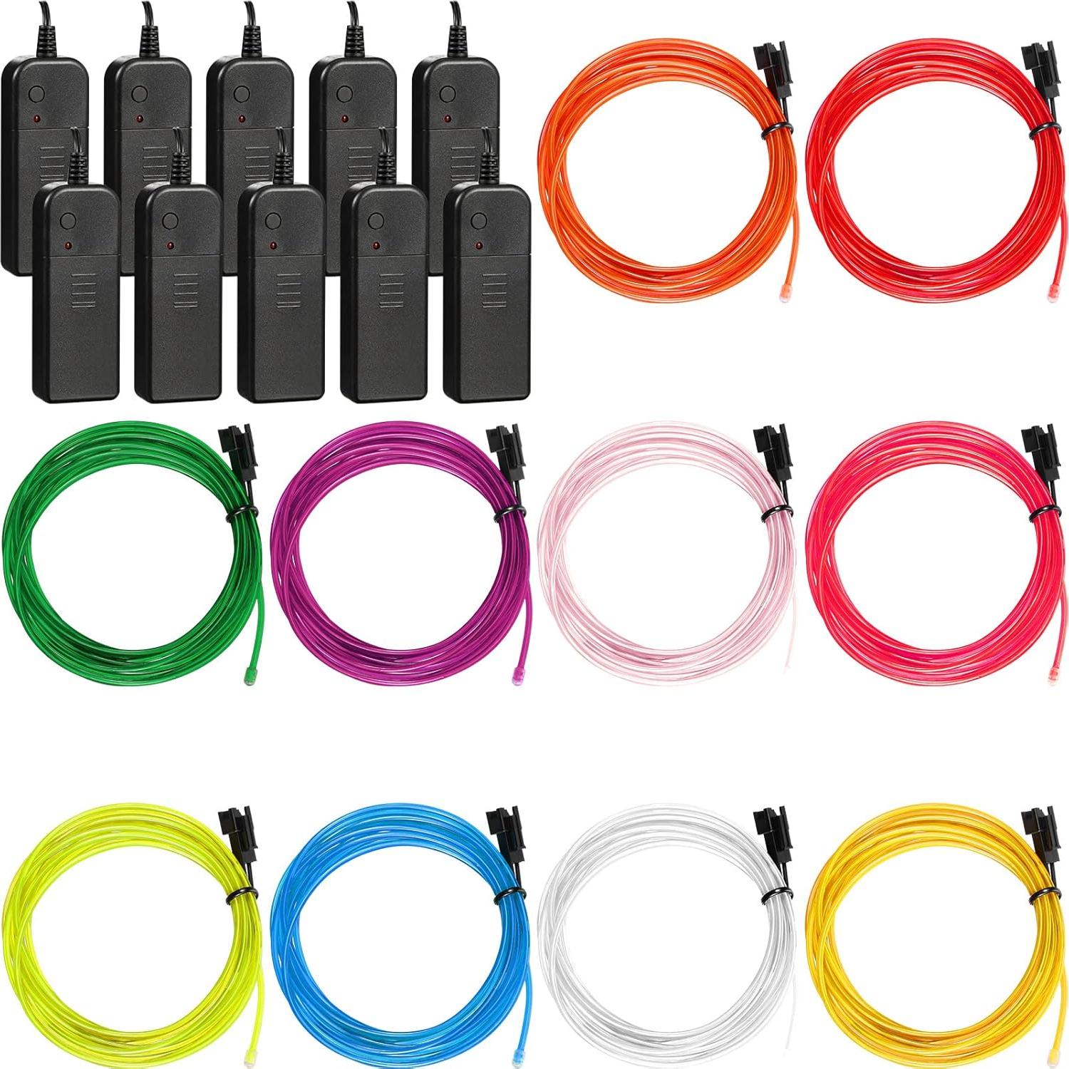 Hortsun 15 Pack 7ft El Wire Portable Neon Lights Cuttable Neon Glowing Strobing Electroluminescent Battery Powered LED Lights Glow in The Dark Costume with Battery Pack for Party