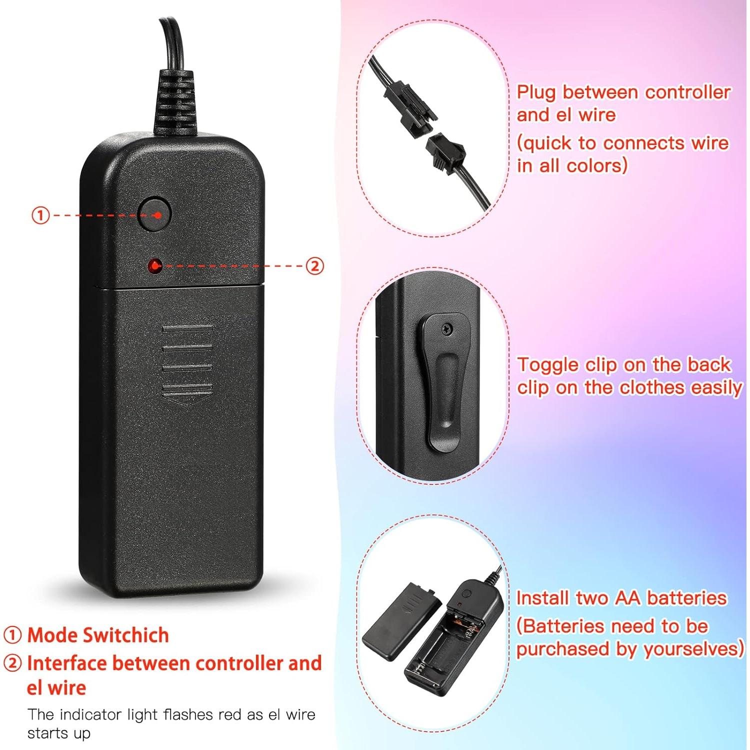 Hortsun 15 Pack 7ft El Wire Portable Neon Lights Cuttable Neon Glowing Strobing Electroluminescent Battery Powered LED Lights Glow in The Dark Costume with Battery Pack for Party