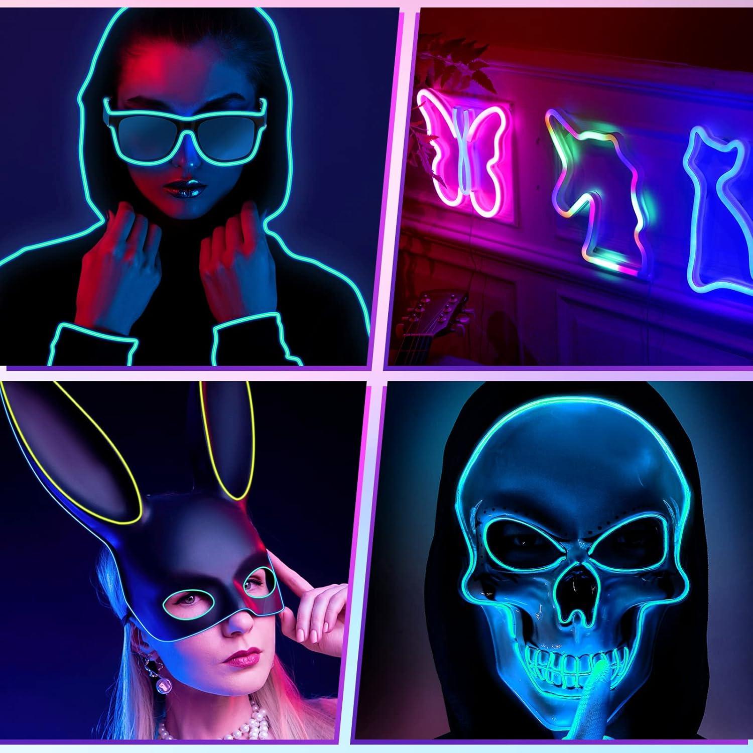 Hortsun 15 Pack 7ft El Wire Portable Neon Lights Cuttable Neon Glowing Strobing Electroluminescent Battery Powered LED Lights Glow in The Dark Costume with Battery Pack for Party
