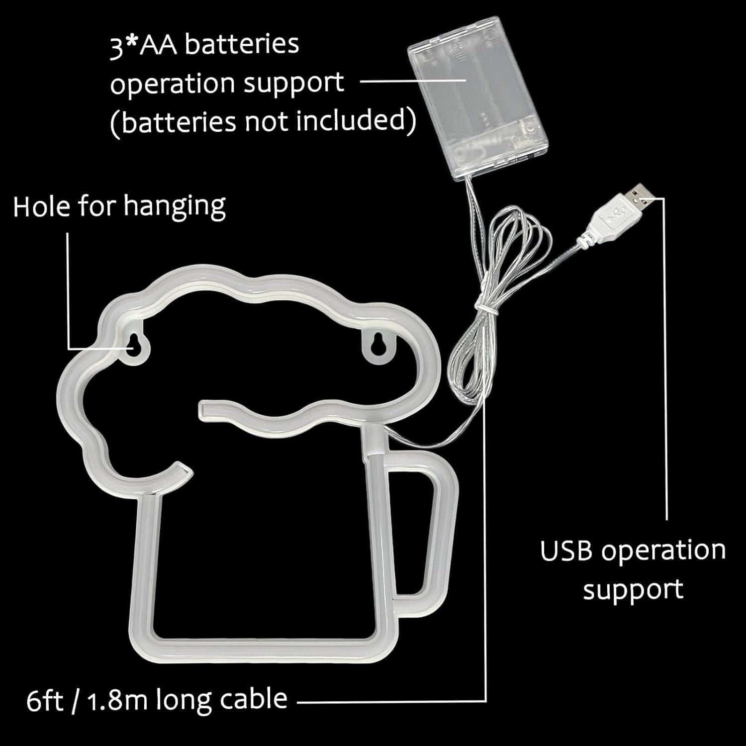 Letrero de Neón de Cerveza VIFULIN LED USB/Batería 19.3x20cm