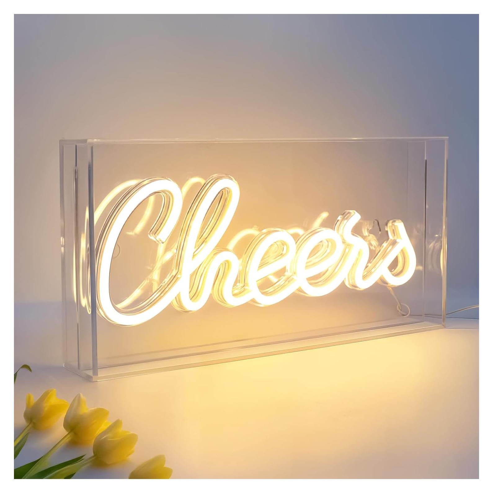 Cheers Neon Sign, USB LED Desk Lightbox Cheers Sign with ON/OFF Switch, 3D Neon Light up Sign for Table Decor, Wall Decor, Bar, Pub, Bachelorette Party (Warm White)
