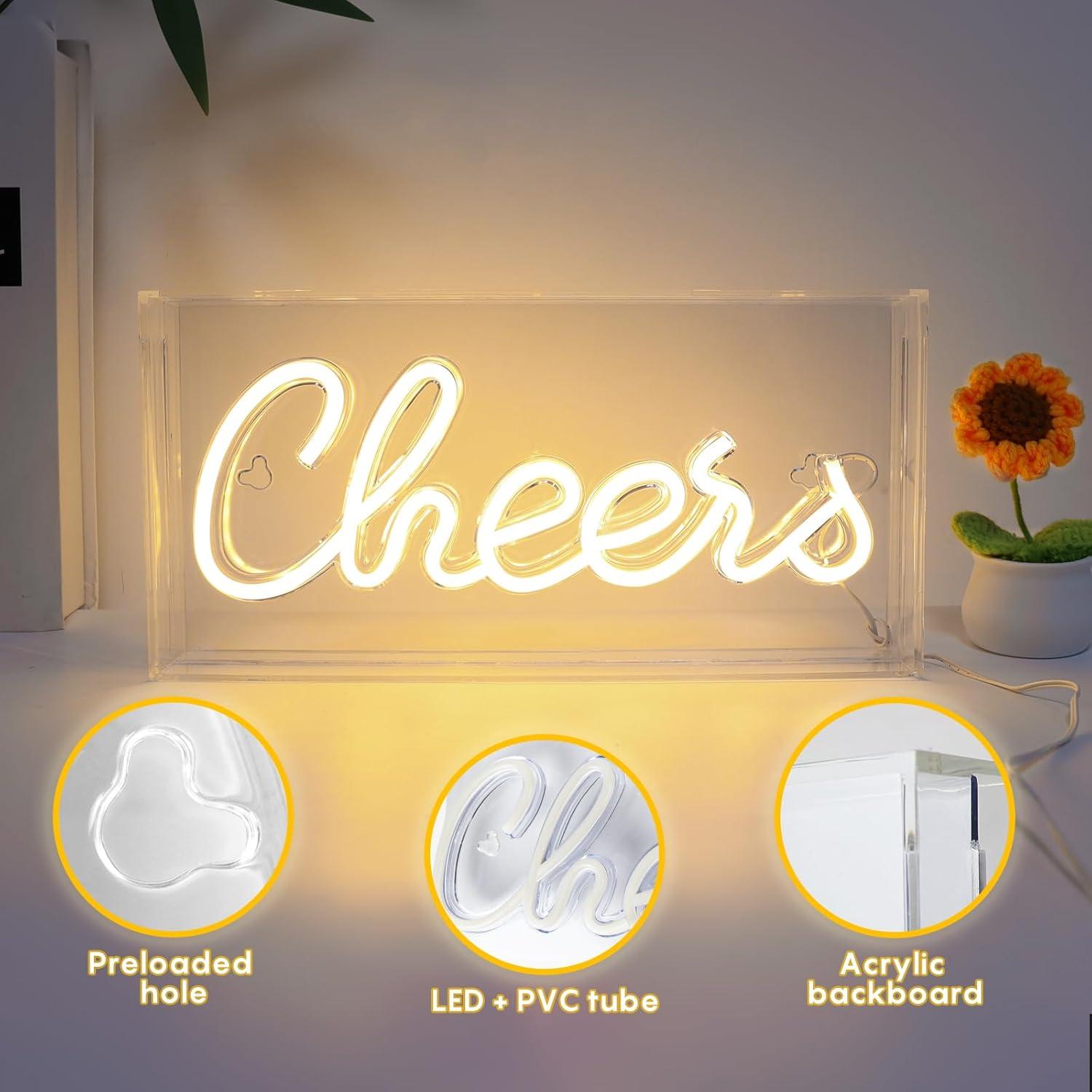 Cheers Neon Sign, USB LED Desk Lightbox Cheers Sign with ON/OFF Switch, 3D Neon Light up Sign for Table Decor, Wall Decor, Bar, Pub, Bachelorette Party (Warm White)